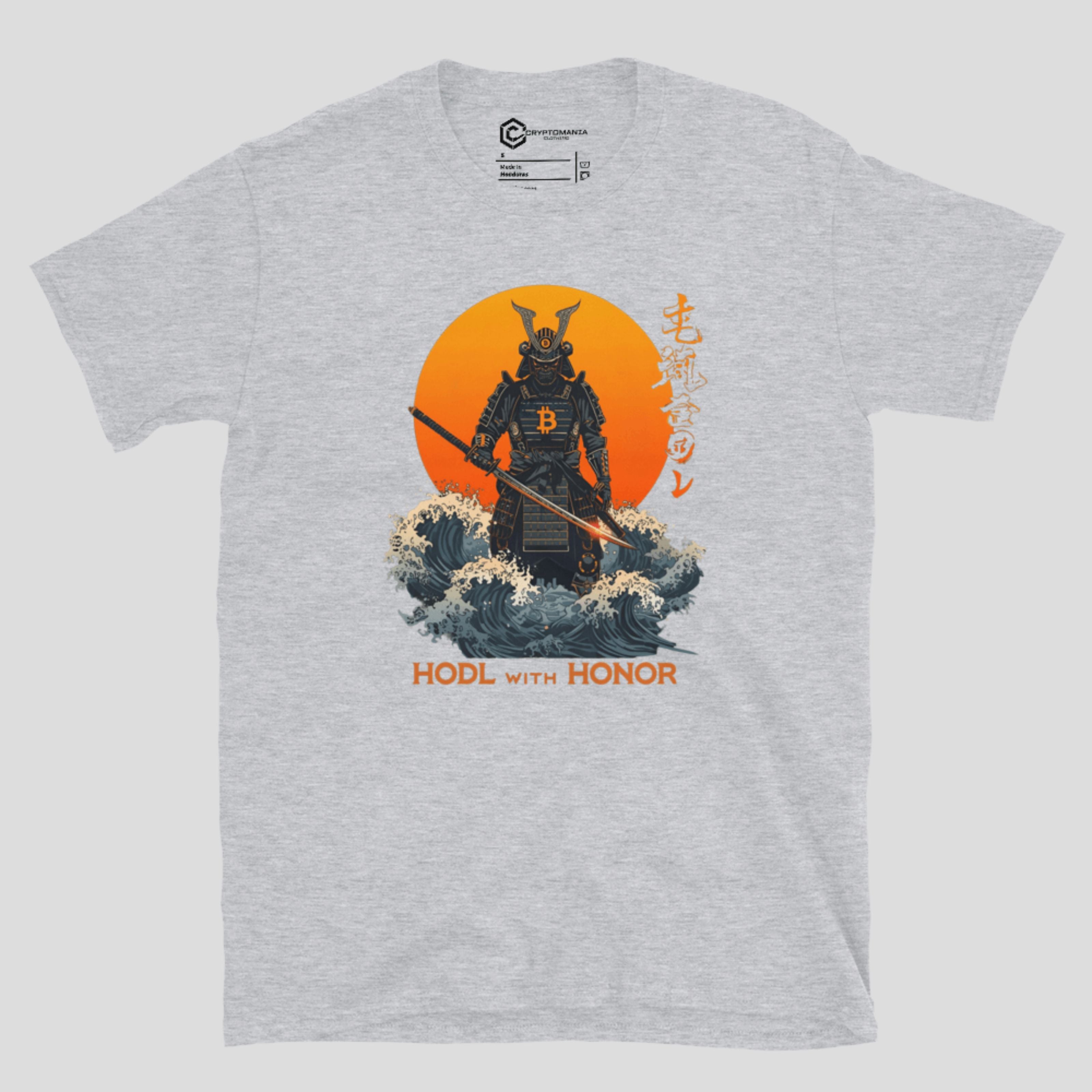 Gray t-shirt with a graphic of a samurai warrior and Bitcoin symbol on an orange sun background, with 'HODL with Honor' text.