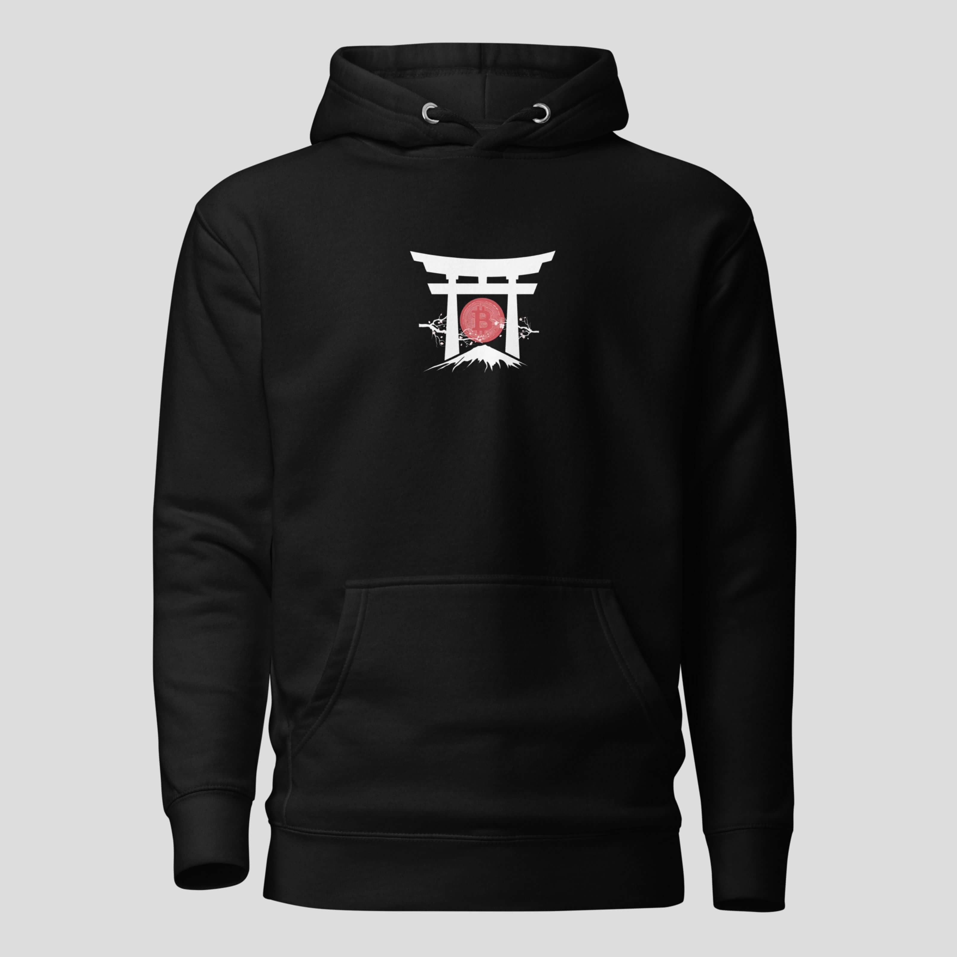 Black bitcoin samurai hoodie with Japanese torii gate and red sun crypto design for traders and holders