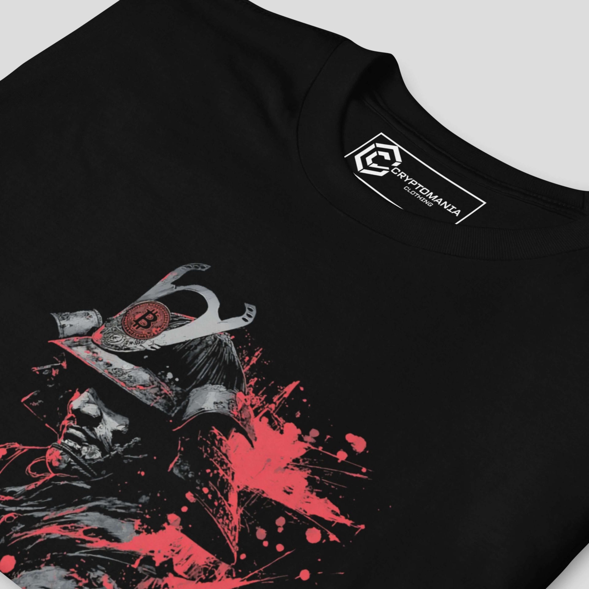 Samurai Bitcoin t-shirt detail with red crypto art print