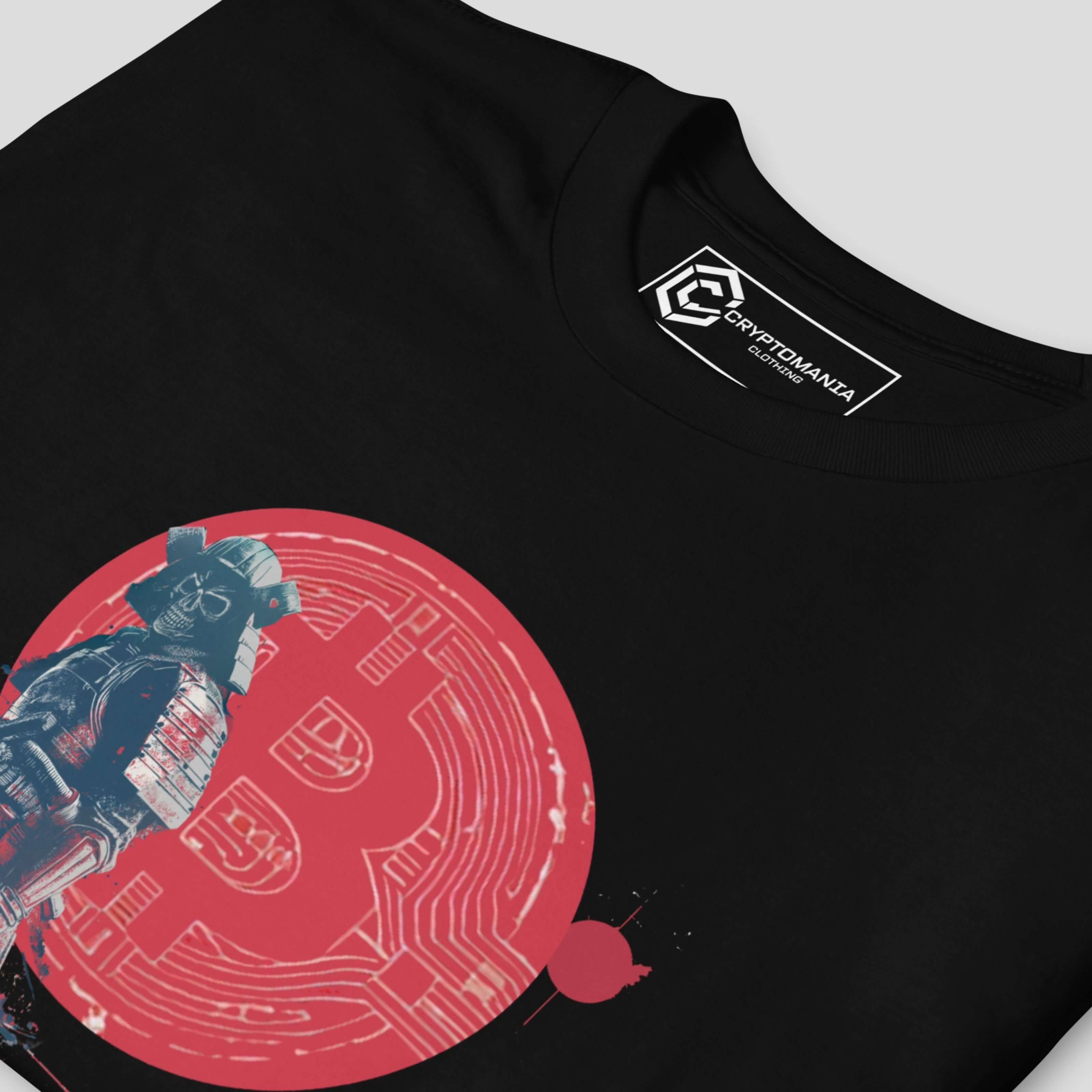 Detail of Bitcoin samurai artwork on black crypto t-shirt