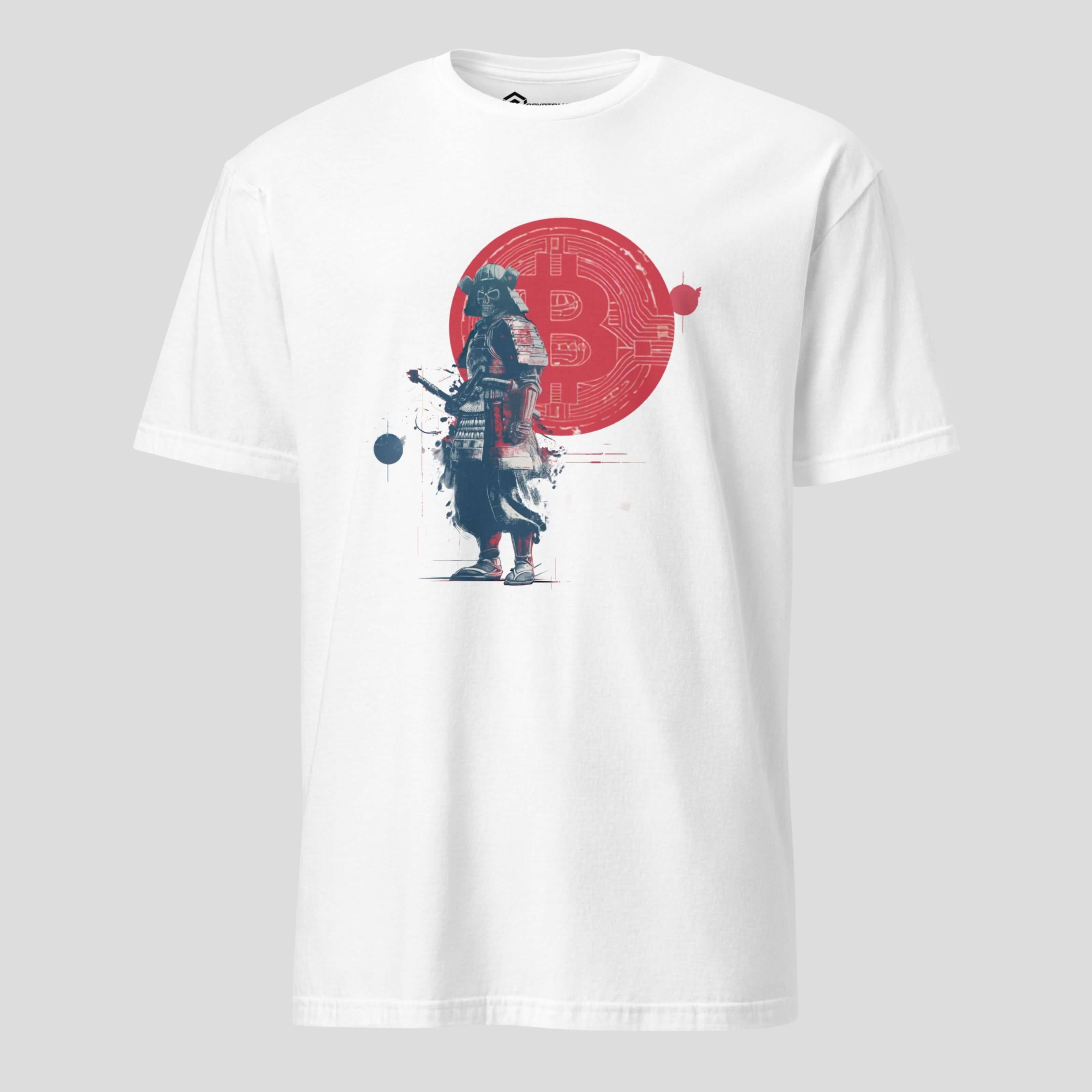 Japanese-inspired Bitcoin samurai crypto streetwear t-shirt on white fabric
