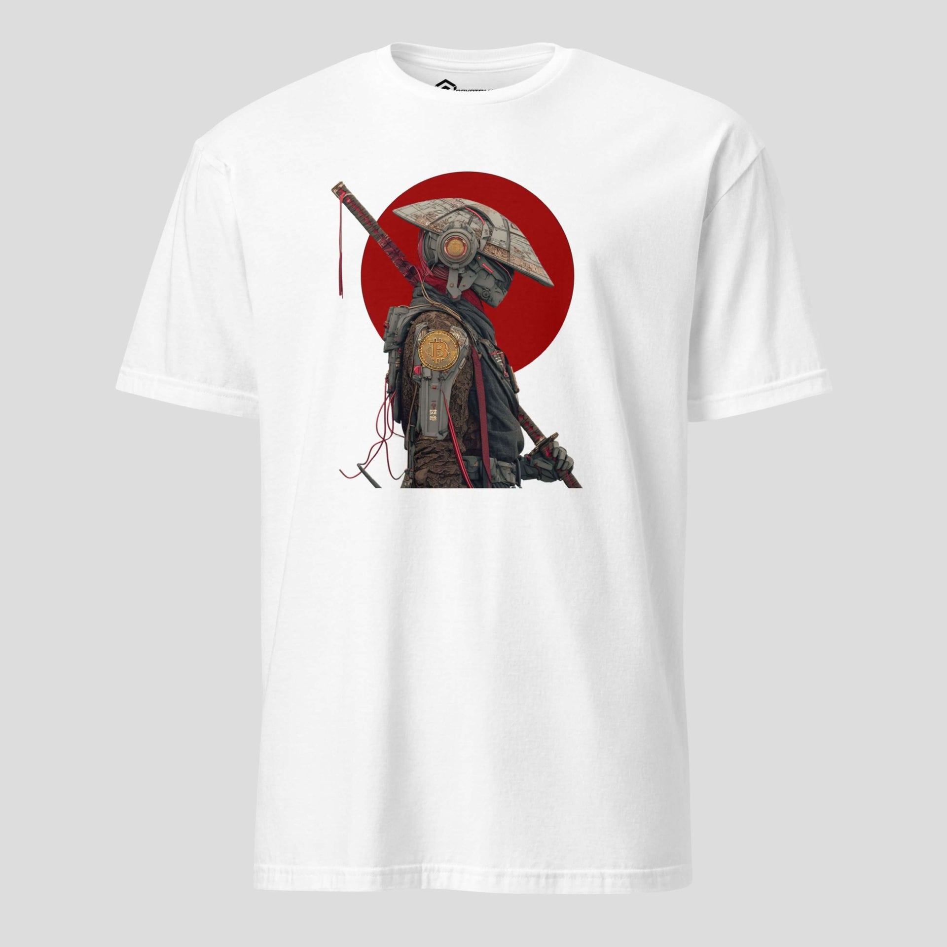 Cyberpunk robot samurai white bitcoin t-shirt with katana and metal armor design
