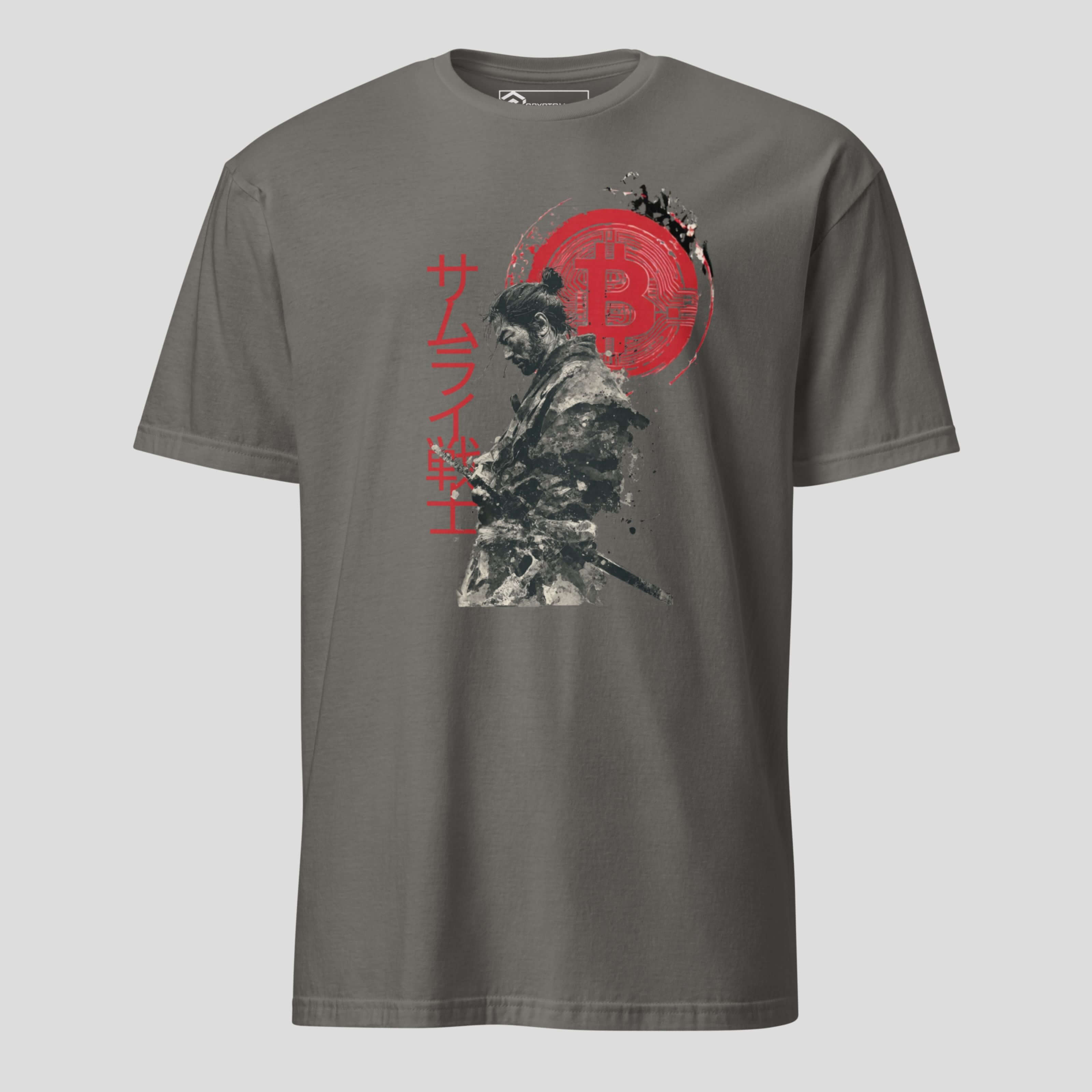 Gray samurai crypto streetwear t-shirt with bitcoin insiped graphic illustration