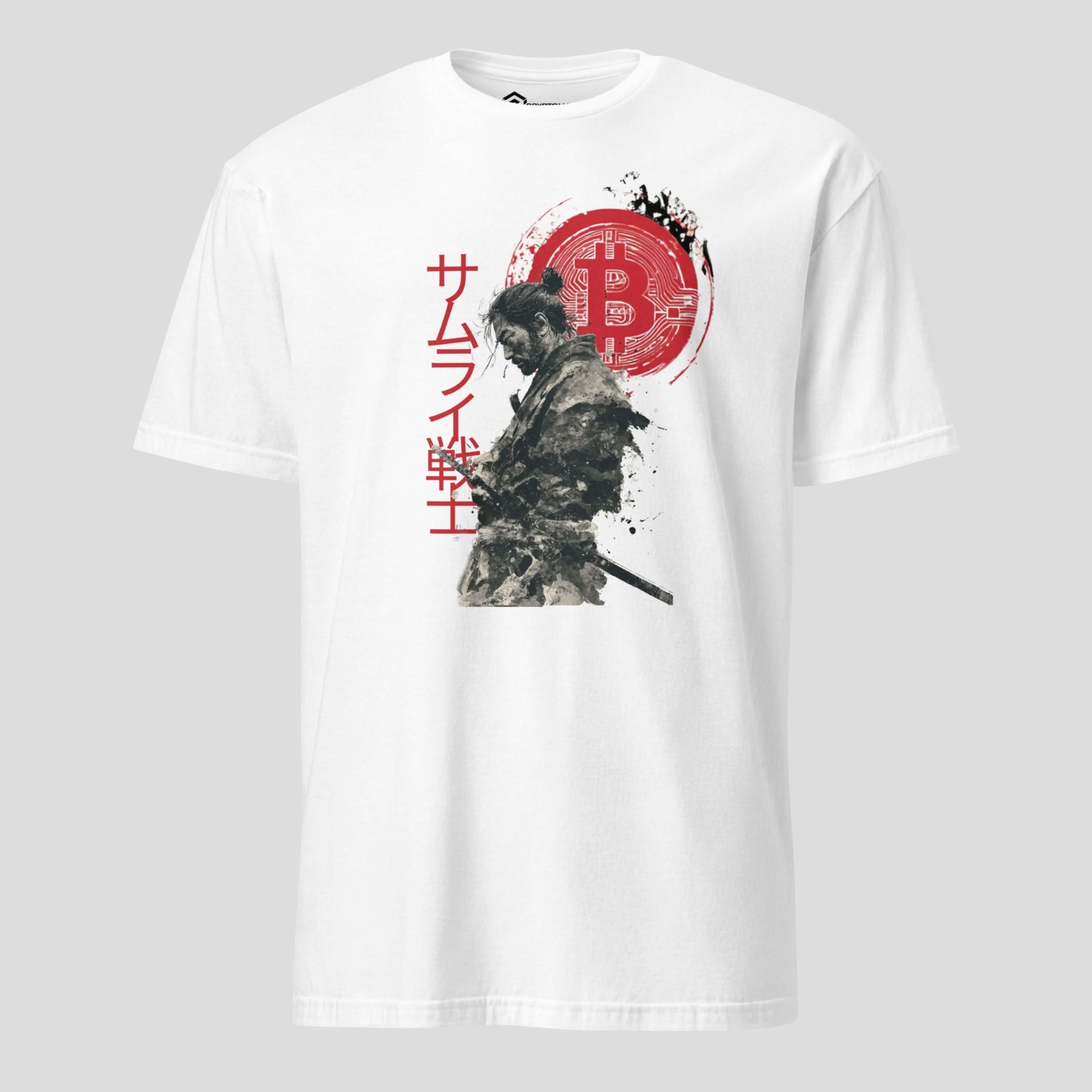 White japanese samurai Bitcoin t-shirt with red crypto sun and katana artwork