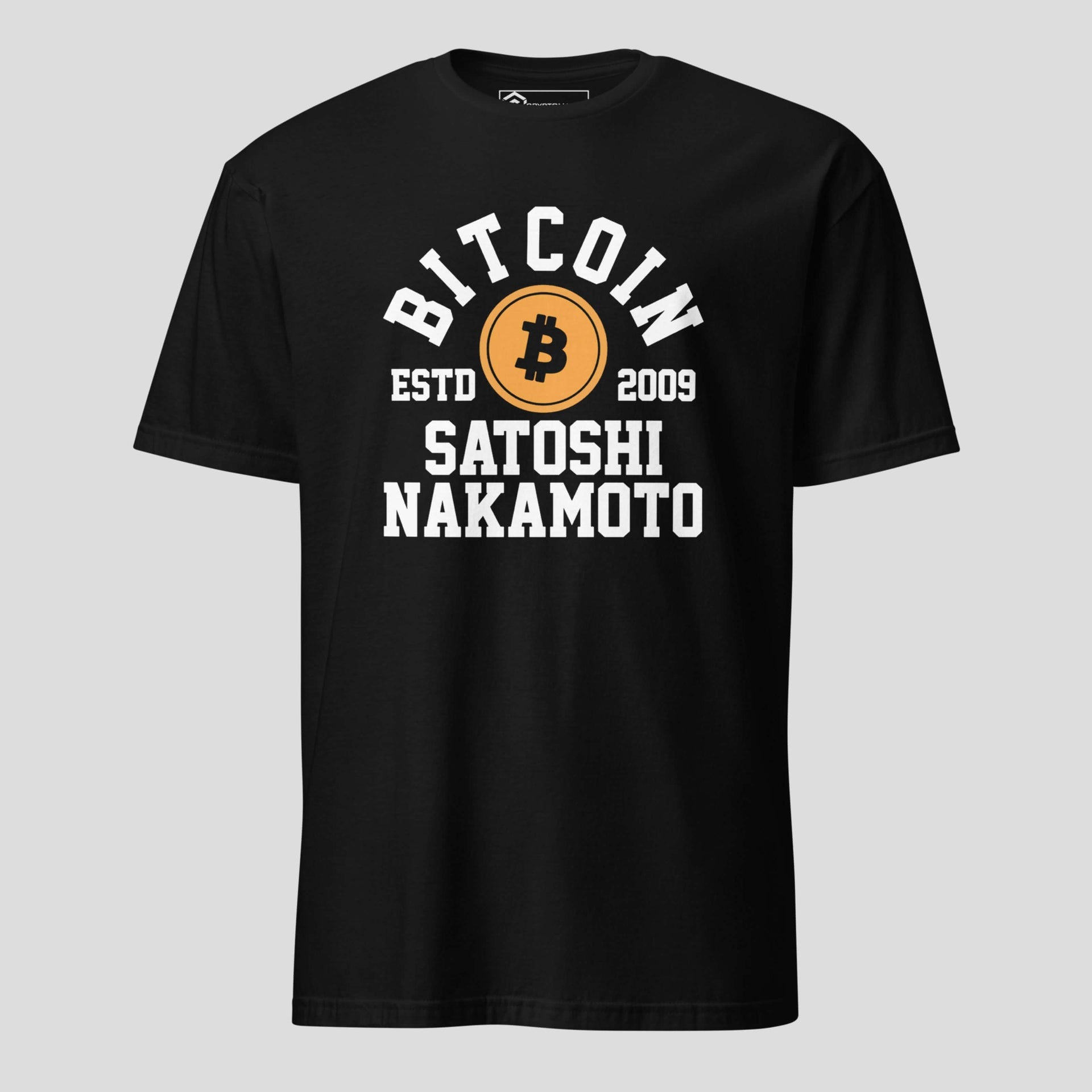 Bitcoin Satoshi Nakamoto graphic t-shirt with vintage coin emblem and bold typography
