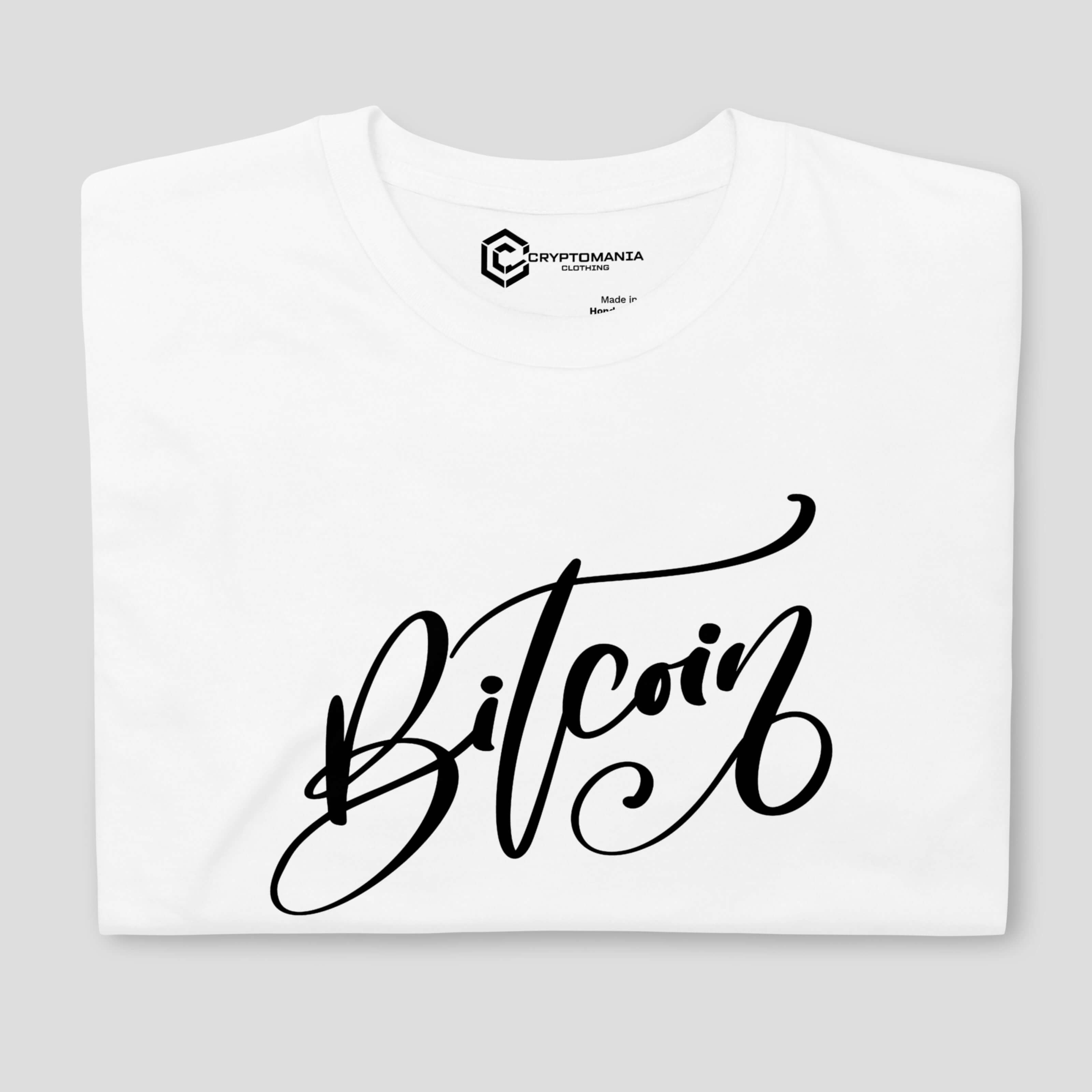 White bitcoin script minimal t-shirt folded premium crypto apparel