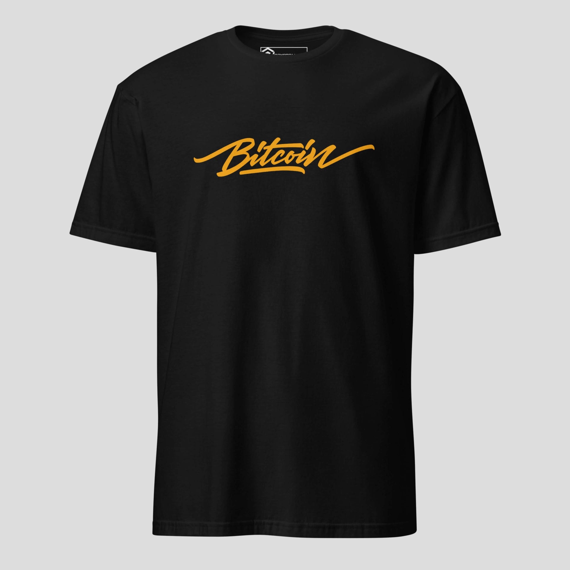 Black Bitcoin script t-shirt with minimal crypto streetwear design