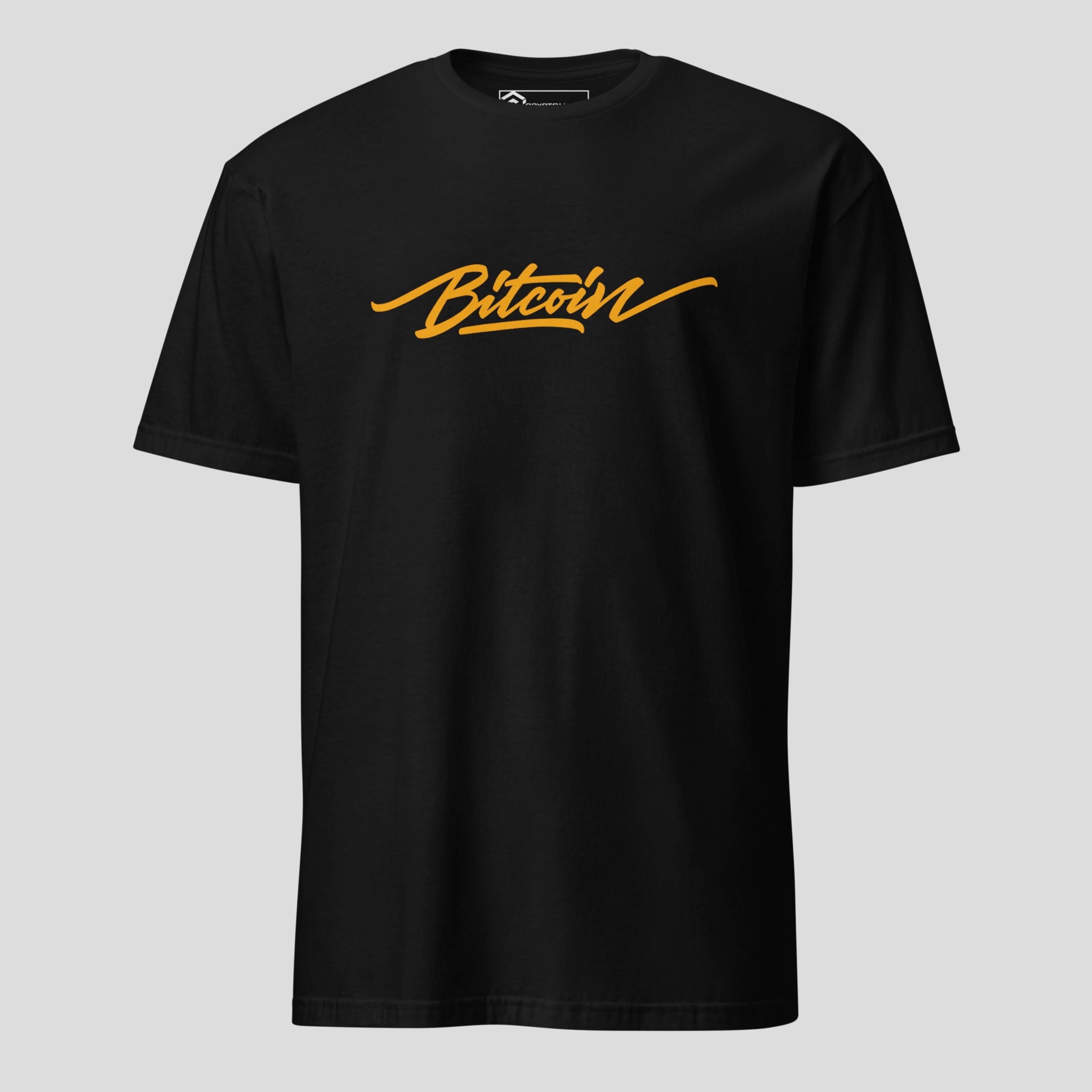 Black Bitcoin script t-shirt with minimal crypto streetwear design
