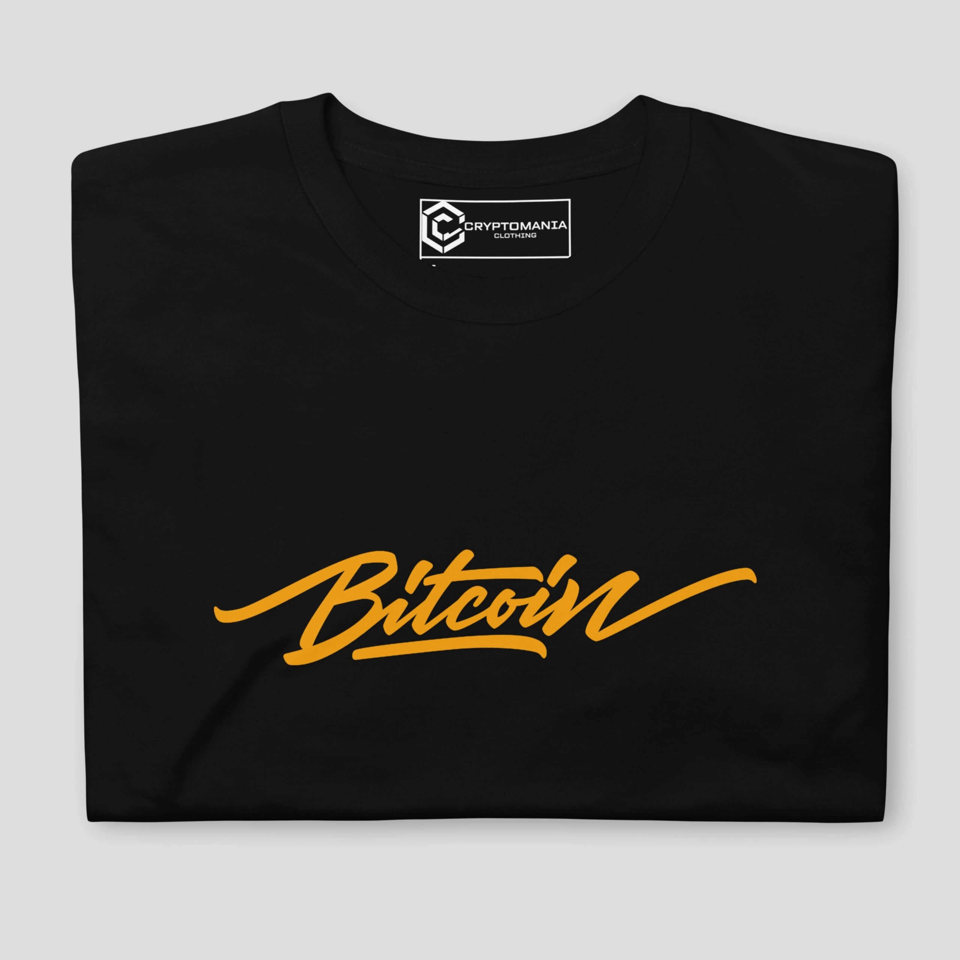 Modern bitcoin script lettering t-shirt with minimalist crypto aesthetic