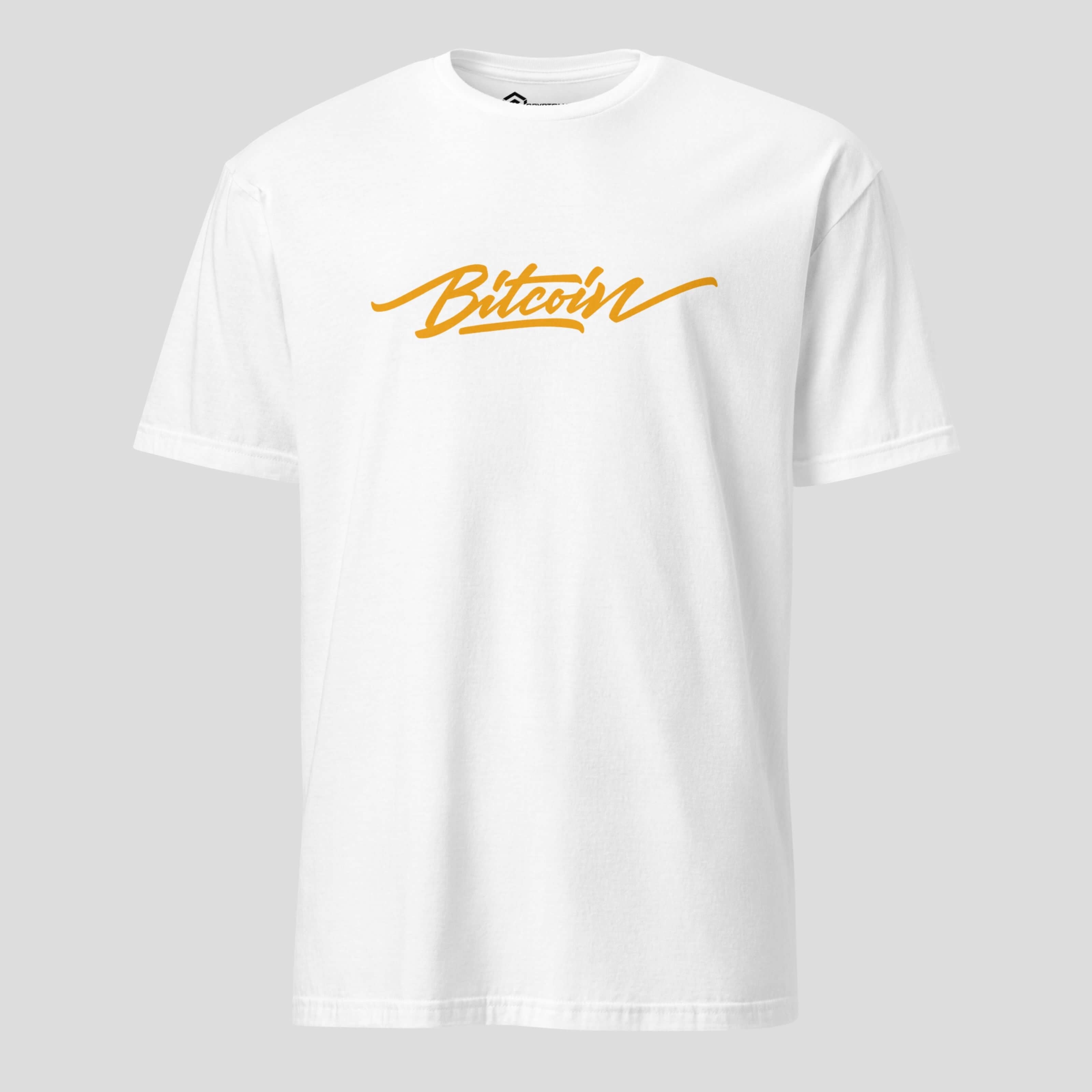 Bitcoin inspired script typography printed on premium unisex t-shirt