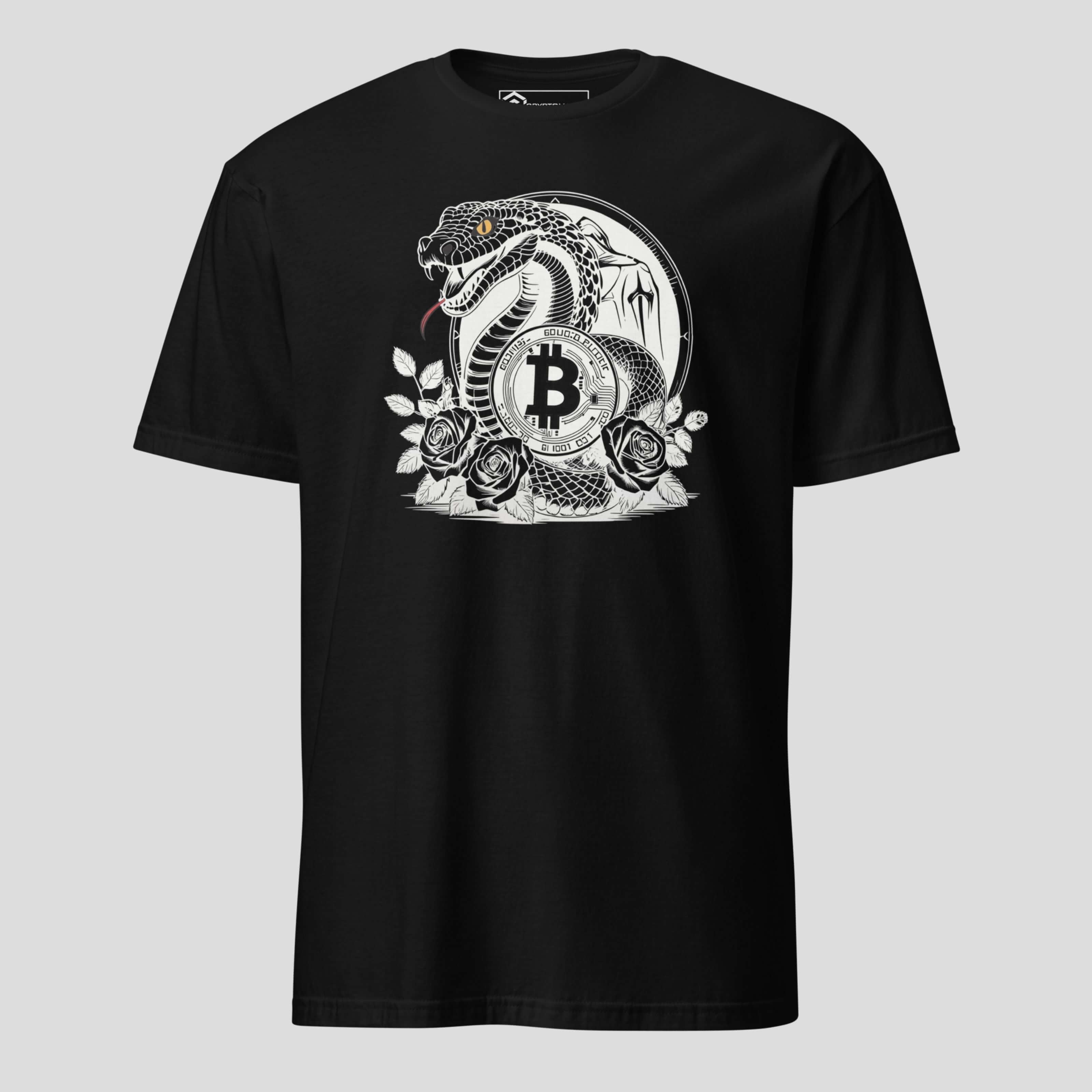 Black bitcoin serpent emblem crypto graphic t-shirt