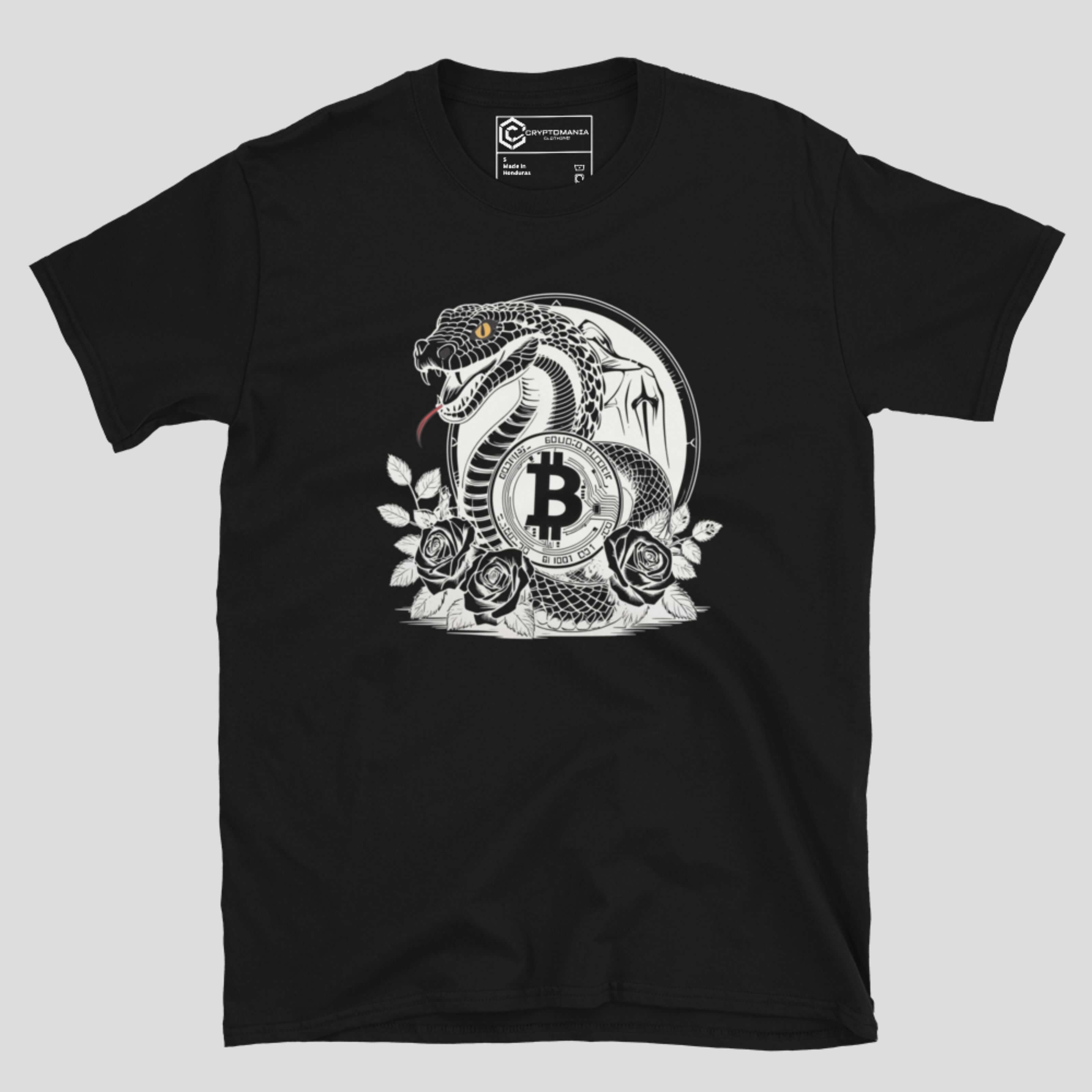 Black crypto snake emblem bitcoin t-shirt design