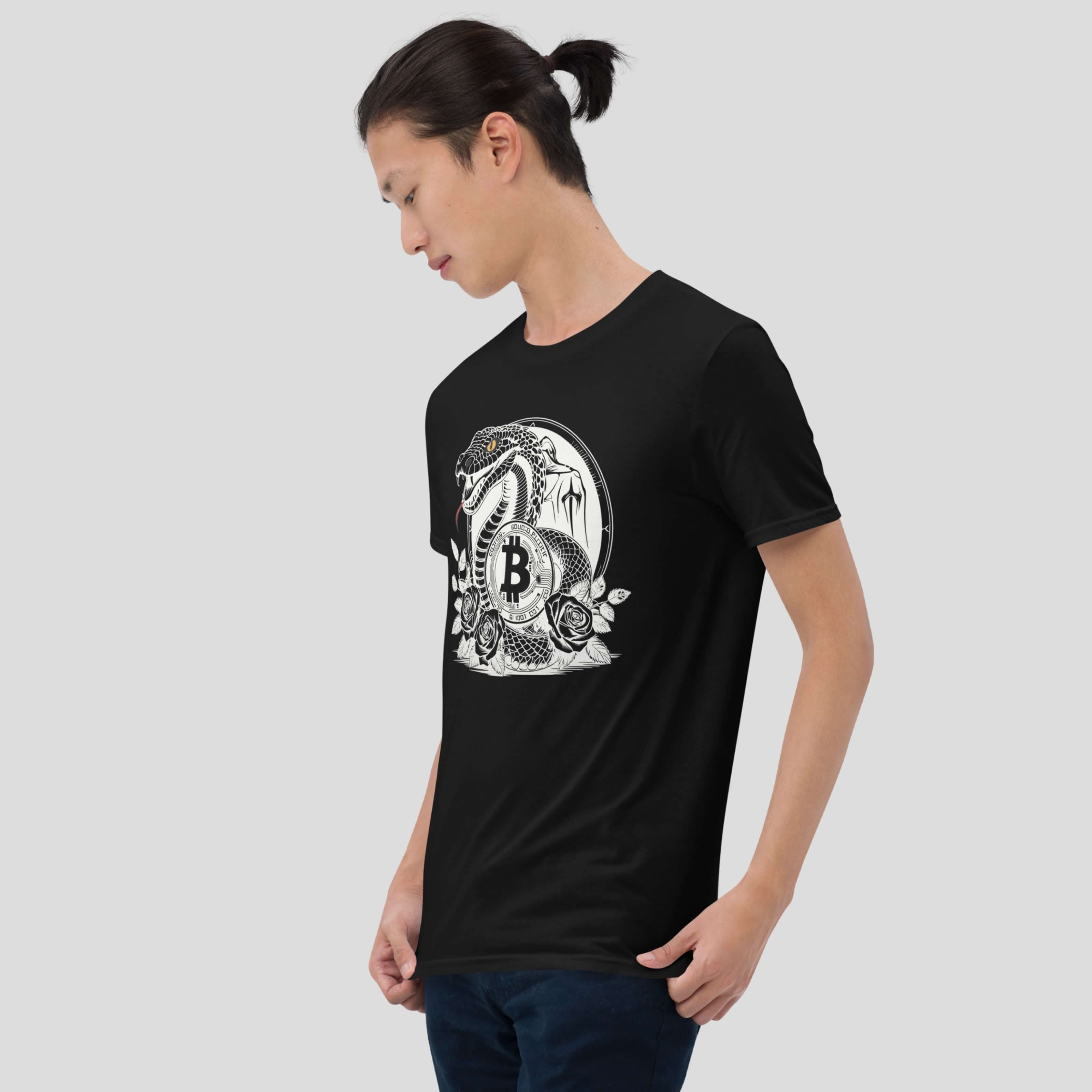 Model wearing a black bitcoin serpent emblem t-shirt