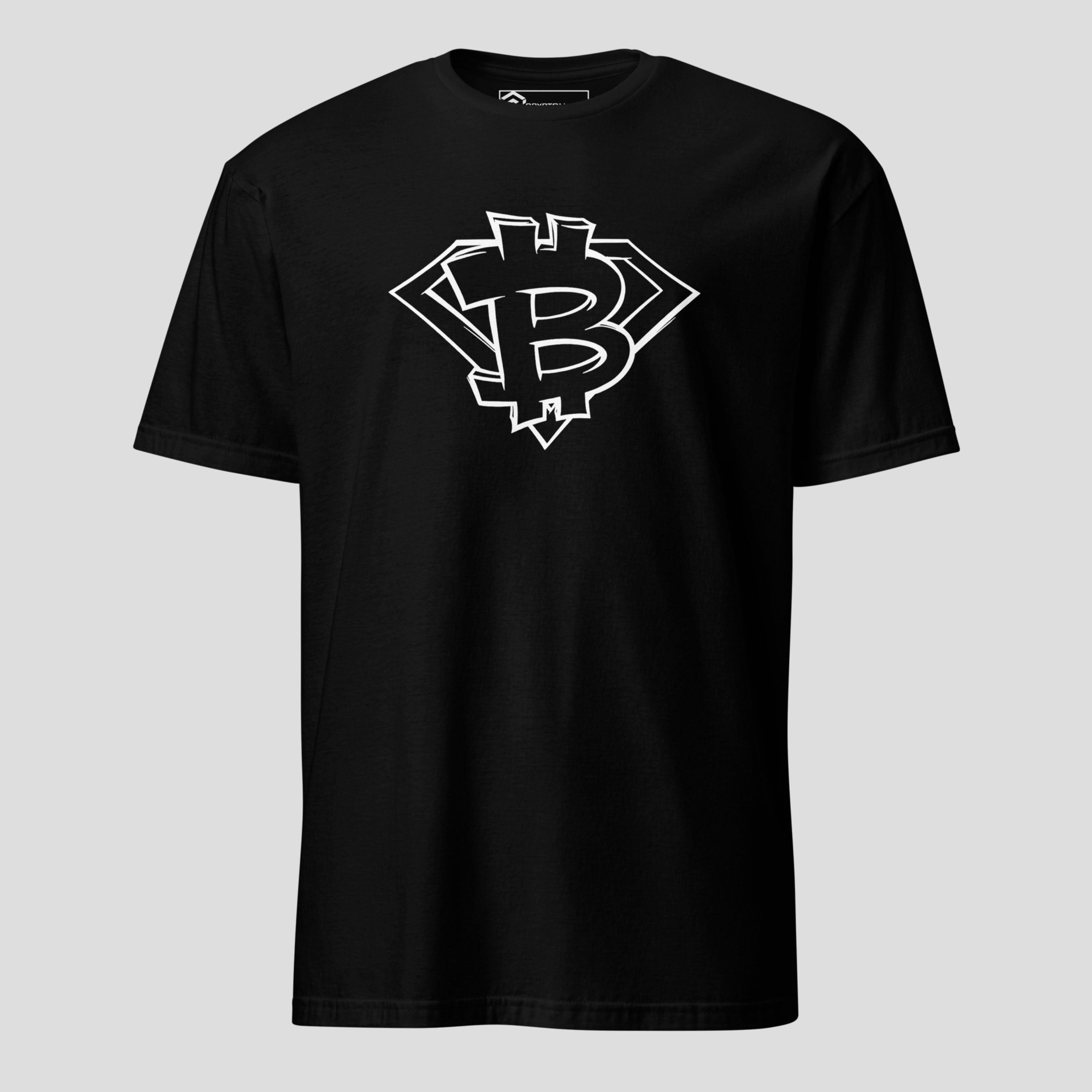 Minimal bitcoin shield line art t-shirt for crypto investors and traders