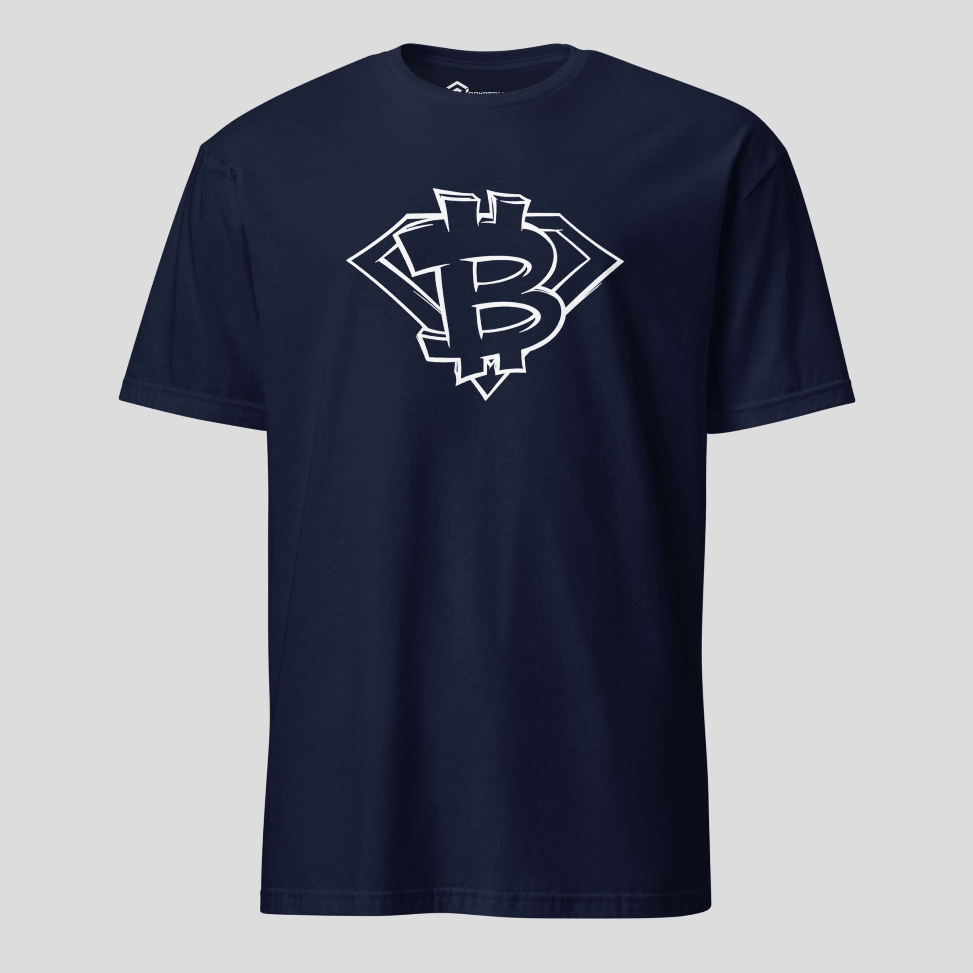 Navy abstract bitcoin inspired shield design printed on premium cotton t-shirt