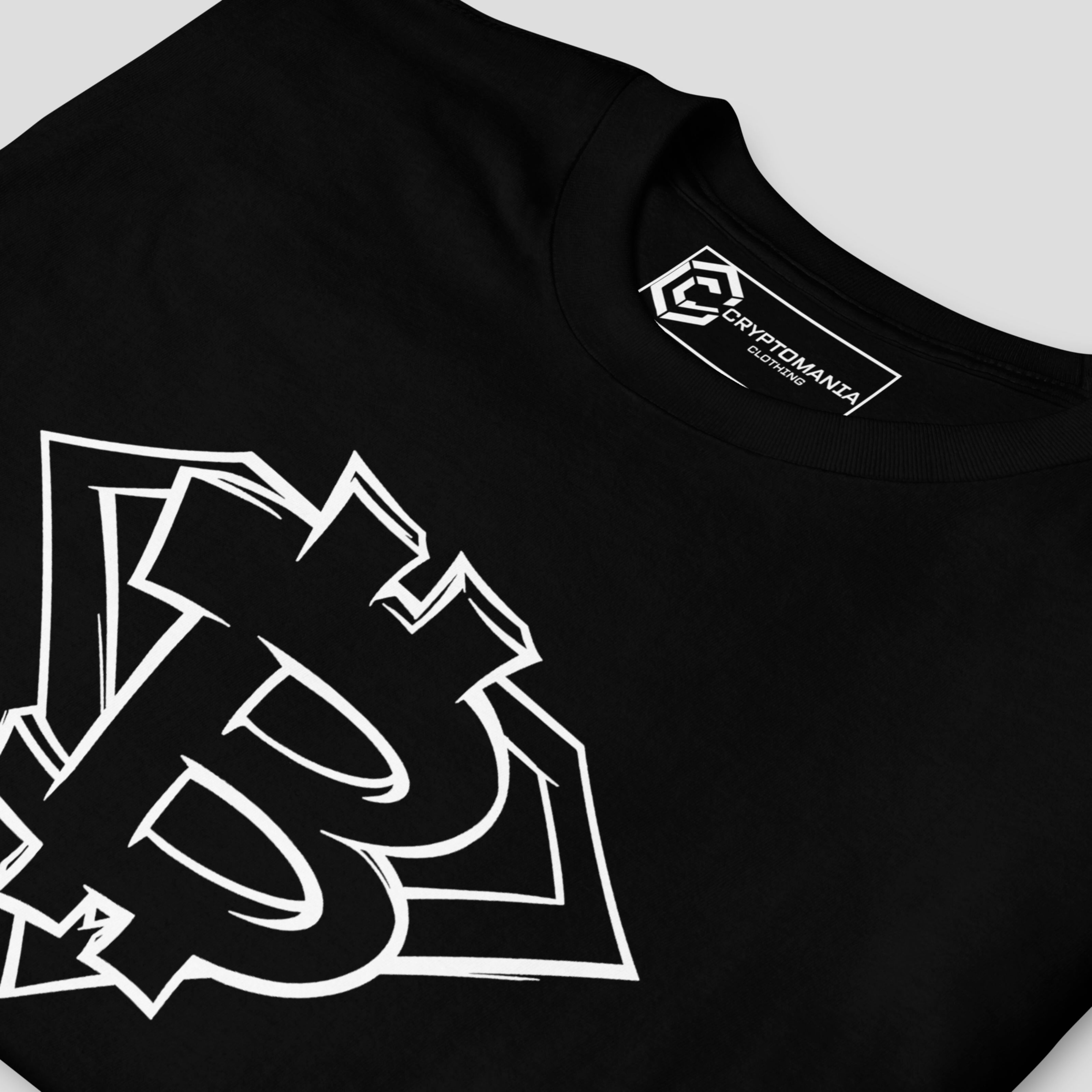 Modern crypto streetwear t-shirt with geometric bitcoin shield symbol