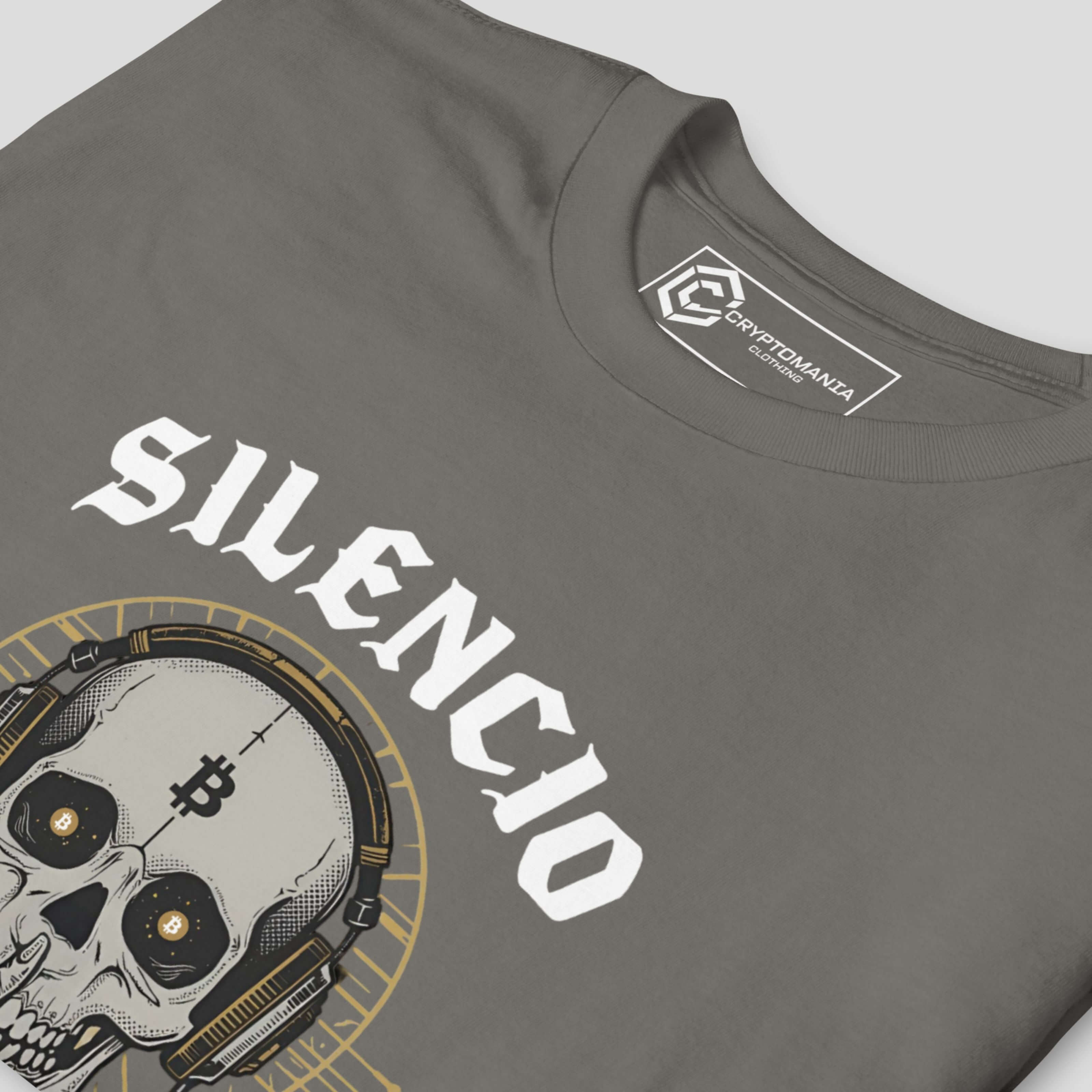 Close-up of bitcoin blockchain graphic print on crypto t-shirt