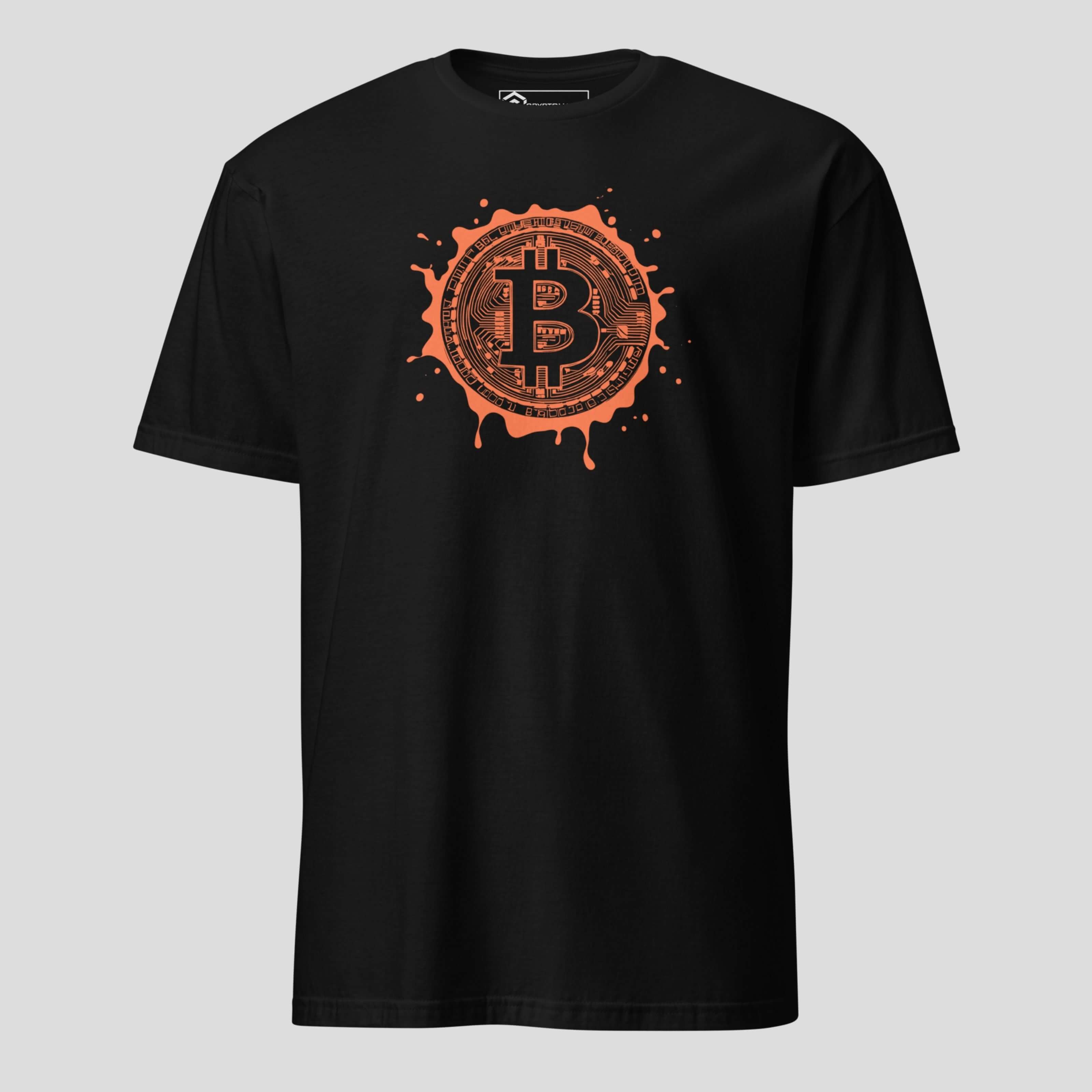 Black bitcoin splash art crypto t-shirt front view