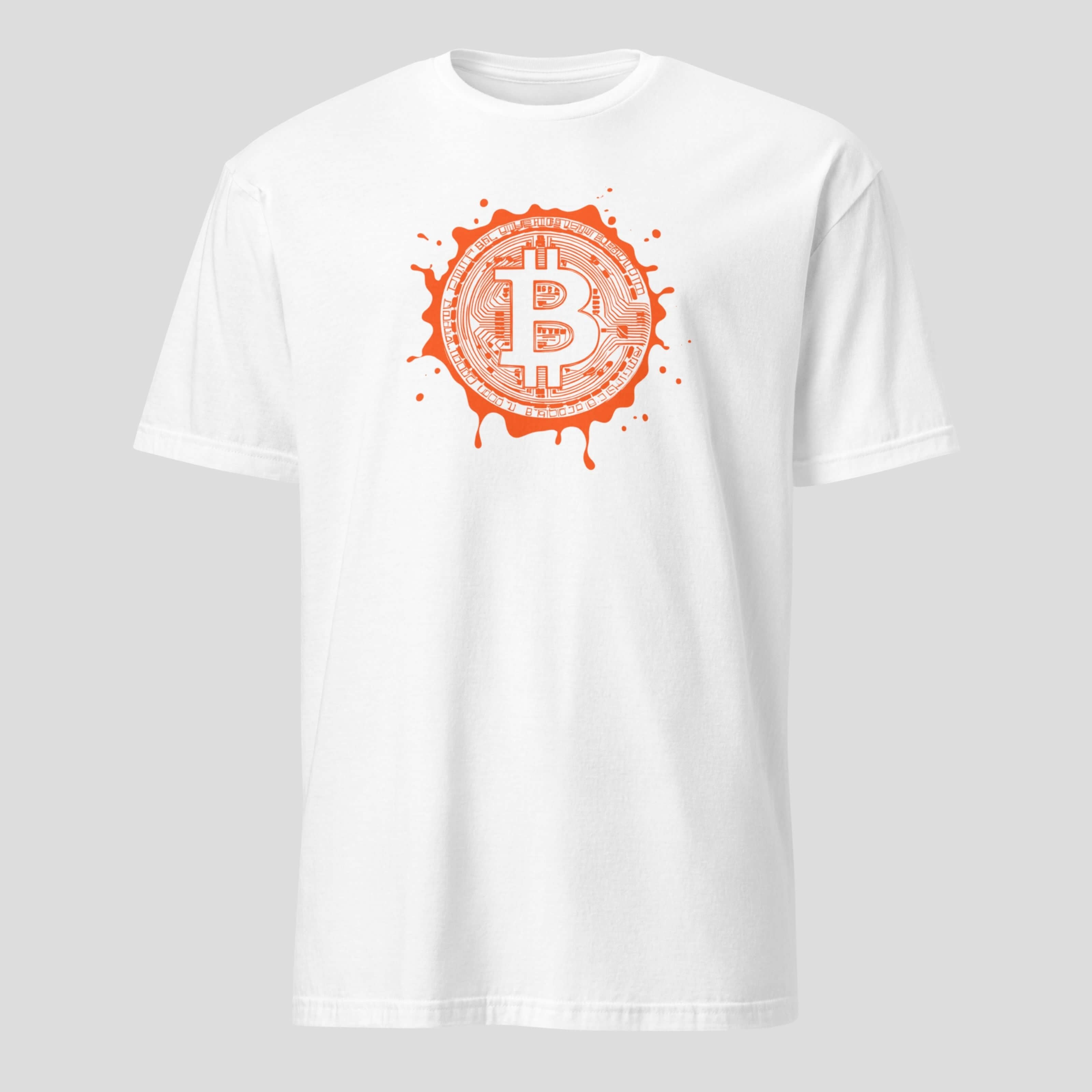 Bitcoin paint splash design on white crypto t-shirt