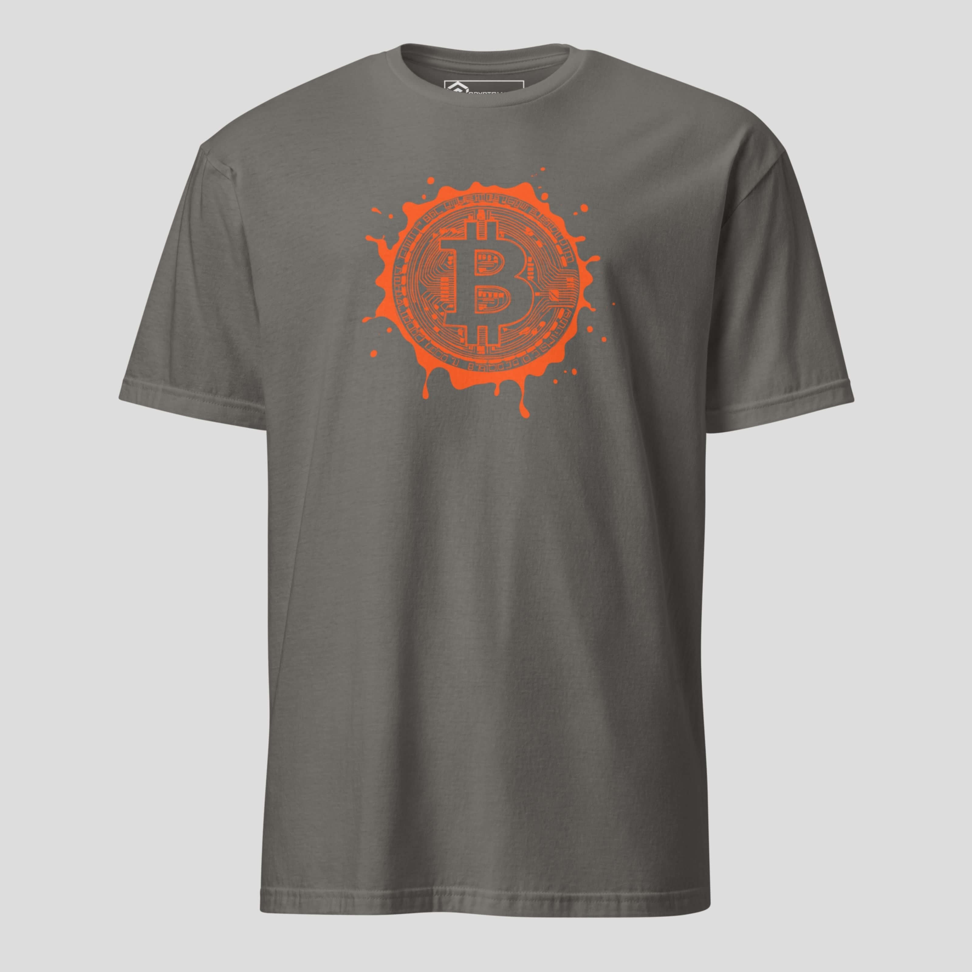 Gray t-shirt with orange Bitcoin splash logo on a light gray background