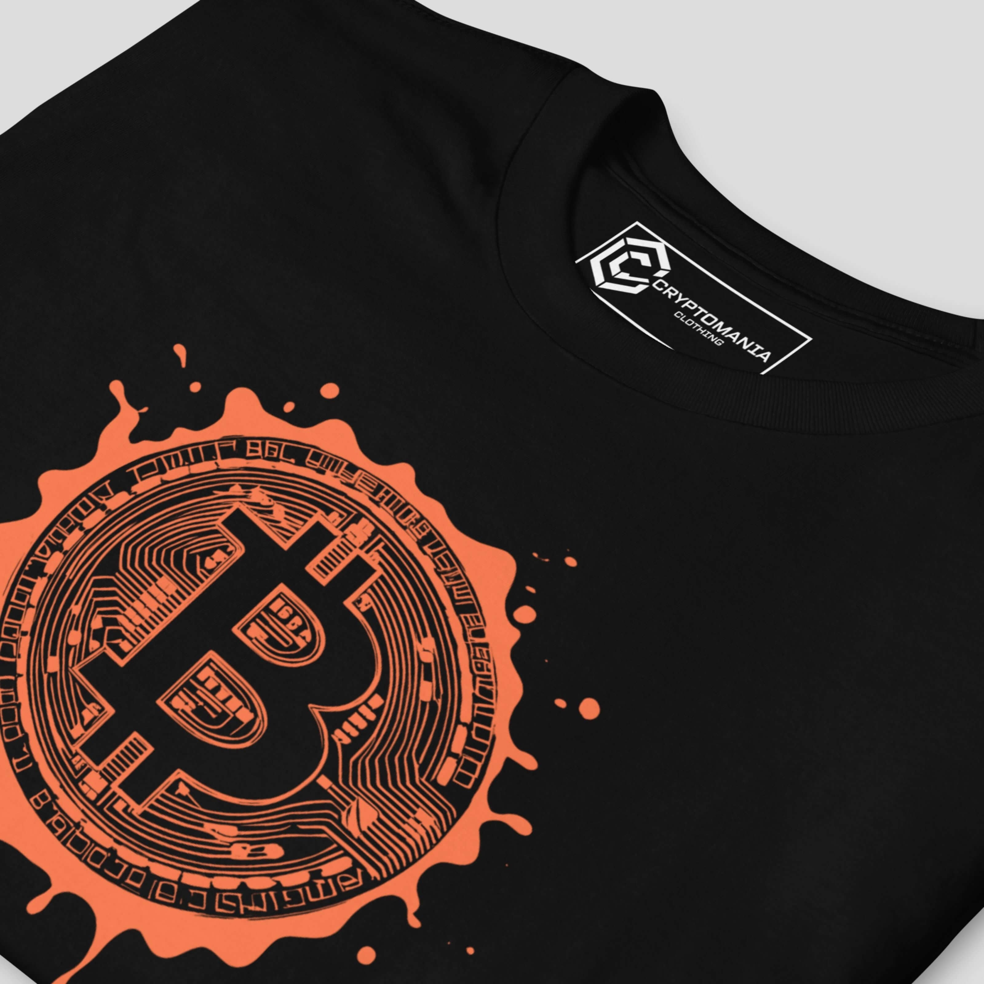 Bitcoin splash artwork detail on black  crypto streetwear t-shirt
