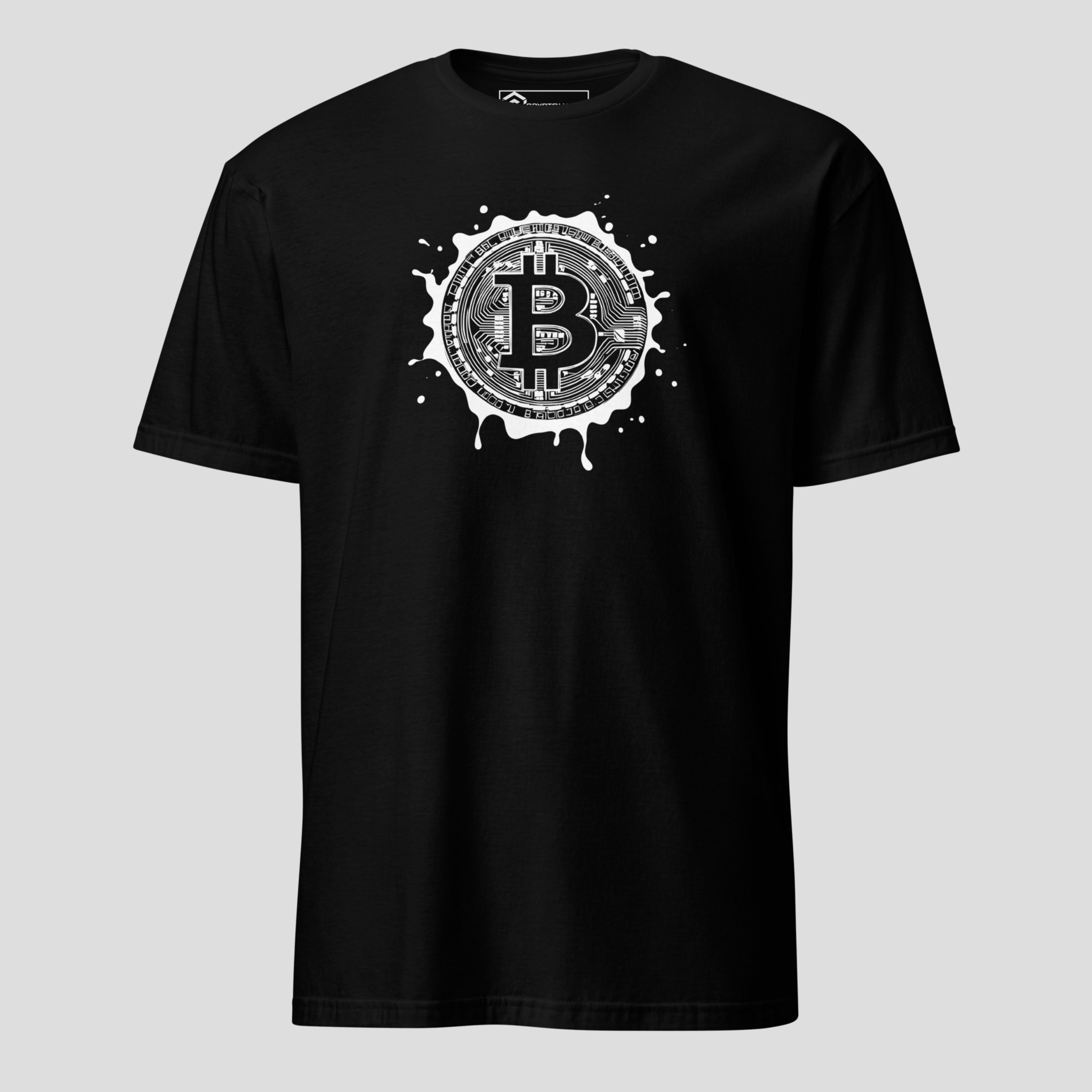 Black bitcoin splash logo t-shirt with bold crypto streetwear design