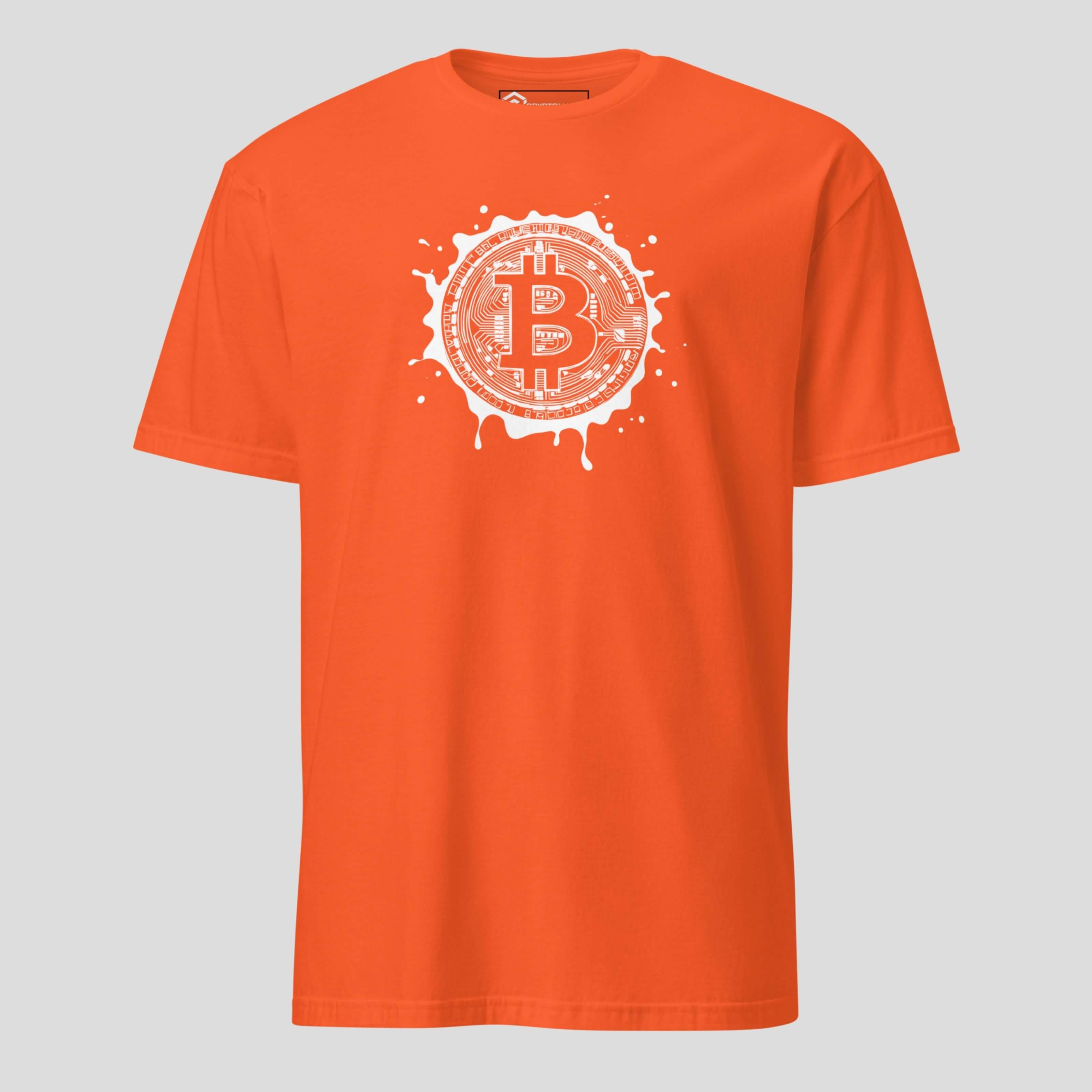 Orange bitcoin splash graphic t-shirt inspired by crypto culture