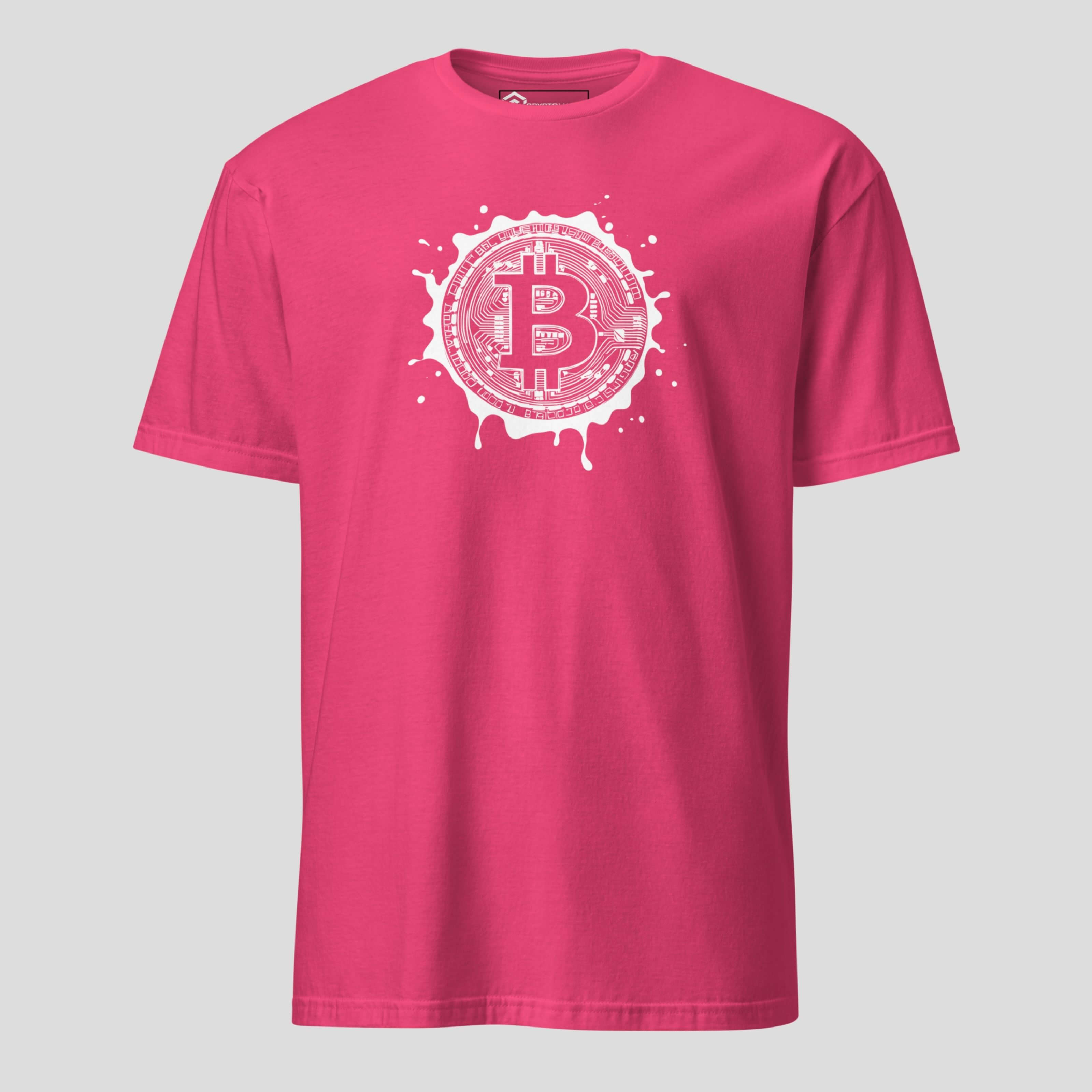 Splash bitcoin logo graphic on pink unisex crypto t-shirt