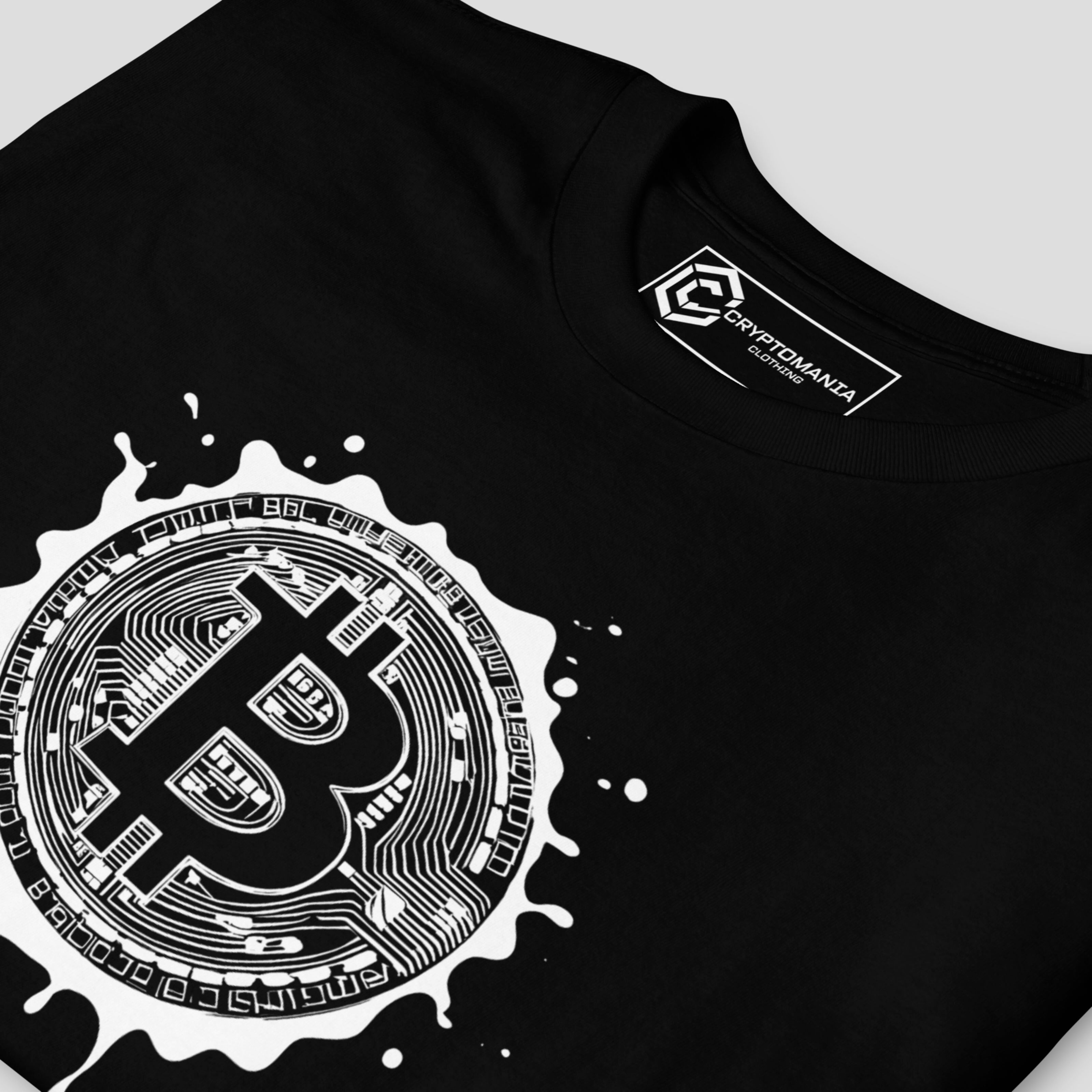 Close-up of Bitcoin splash design on black premium unisex t-shirt