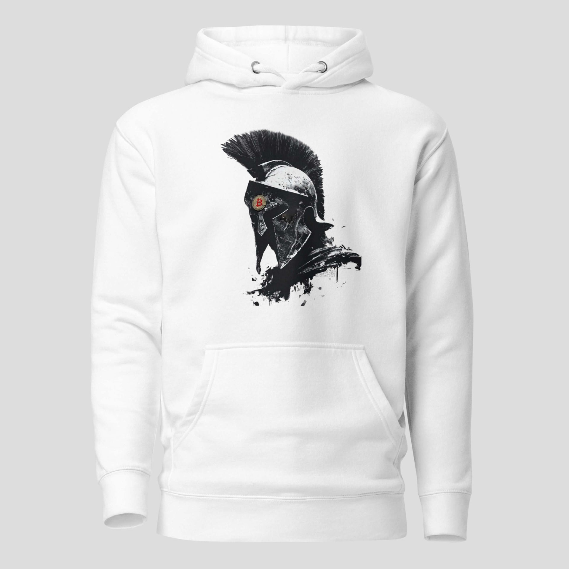White bitcoin spartan warrior crypto hoodie for traders and holders