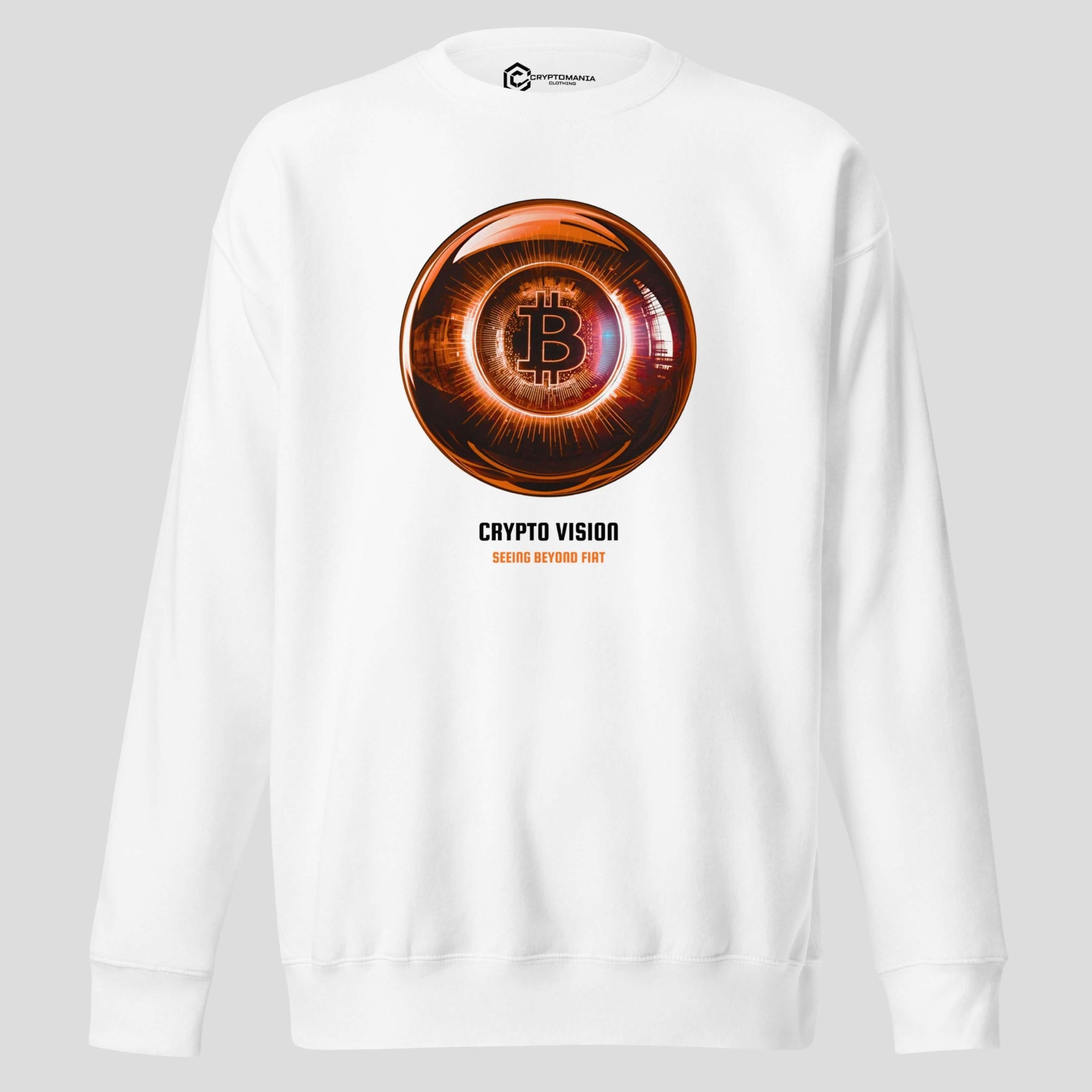 Bitcoin crypto vision sweatshirt with futuristic orange bitcoin symbol artwork on white crewneck