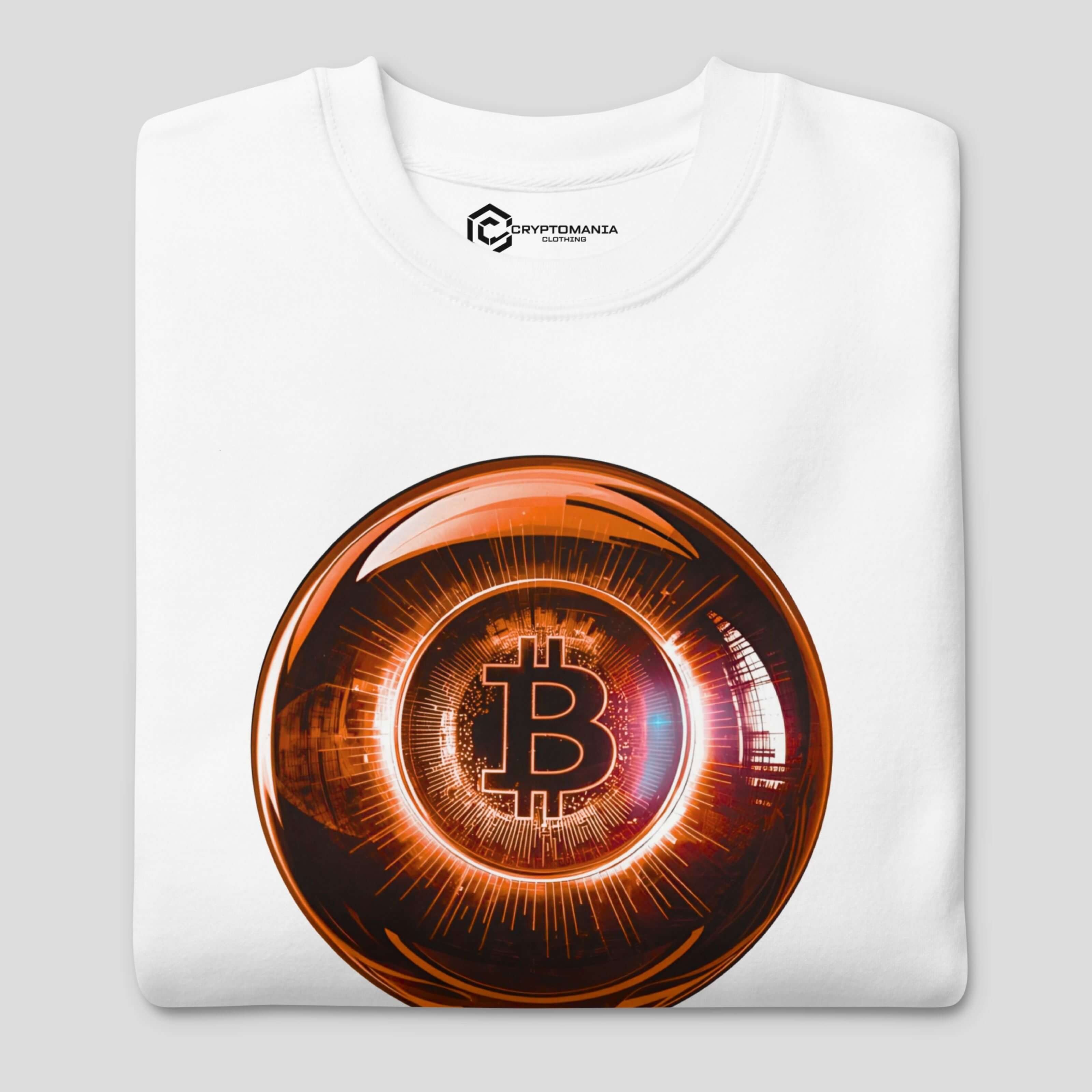 Close up bitcoin crypto vision print detail on premium cotton heritage sweatshirt