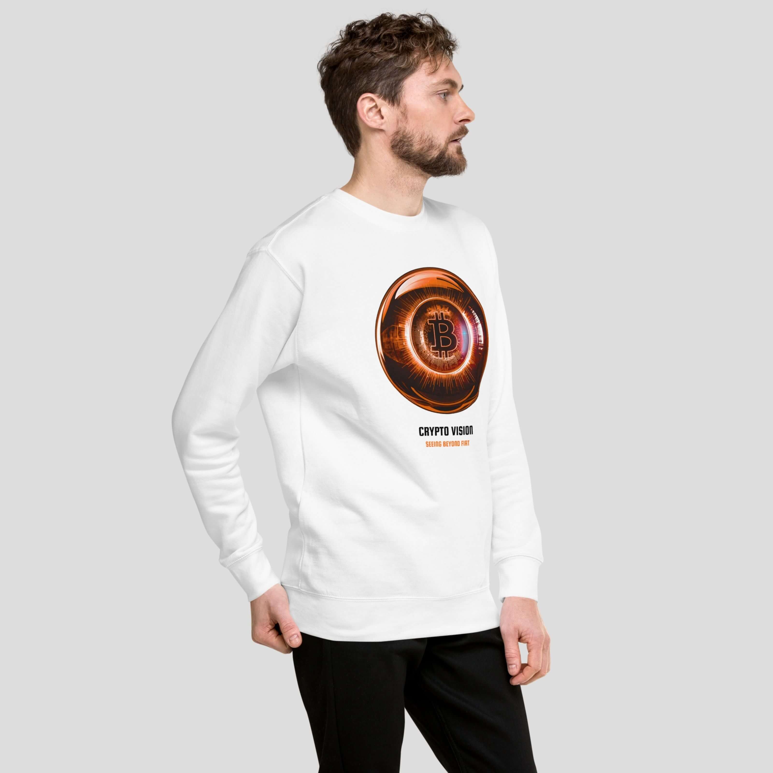 Man wearing bitcoin crypto vision sweatshirt streetwear style for crypto believers
