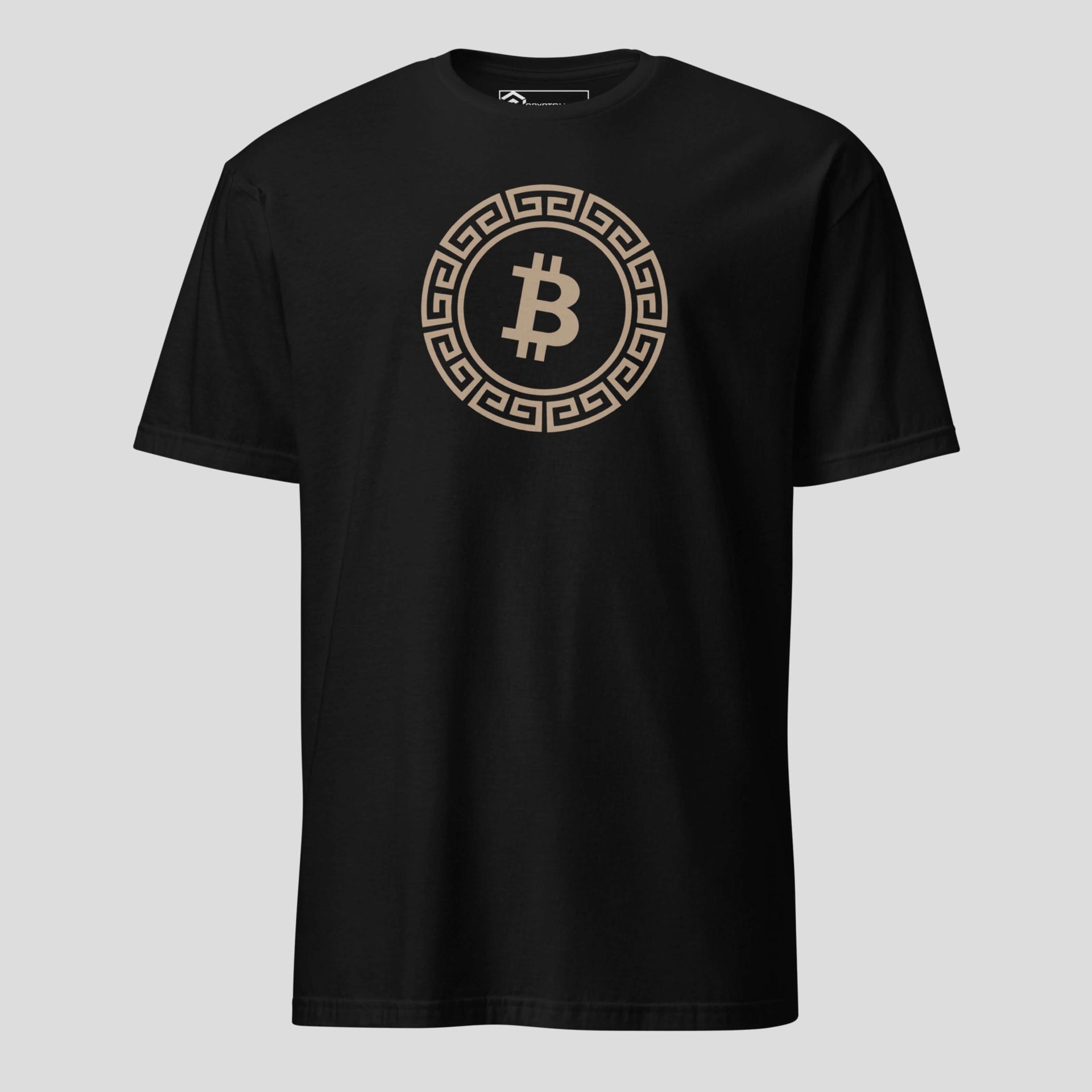 Black Bitcoin Greek symbol t-shirt with minimal BTC crypto design