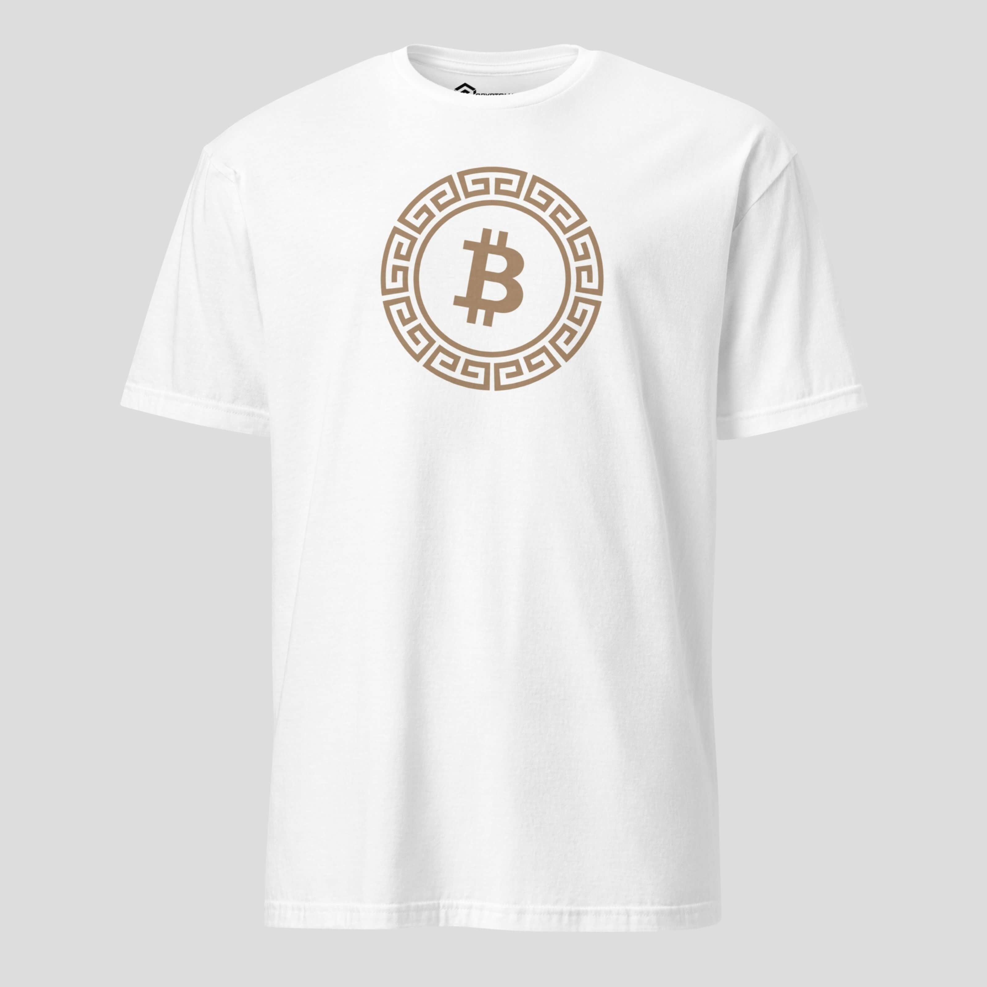White bitcoin greek symbol t-shirt with clean crypto logo