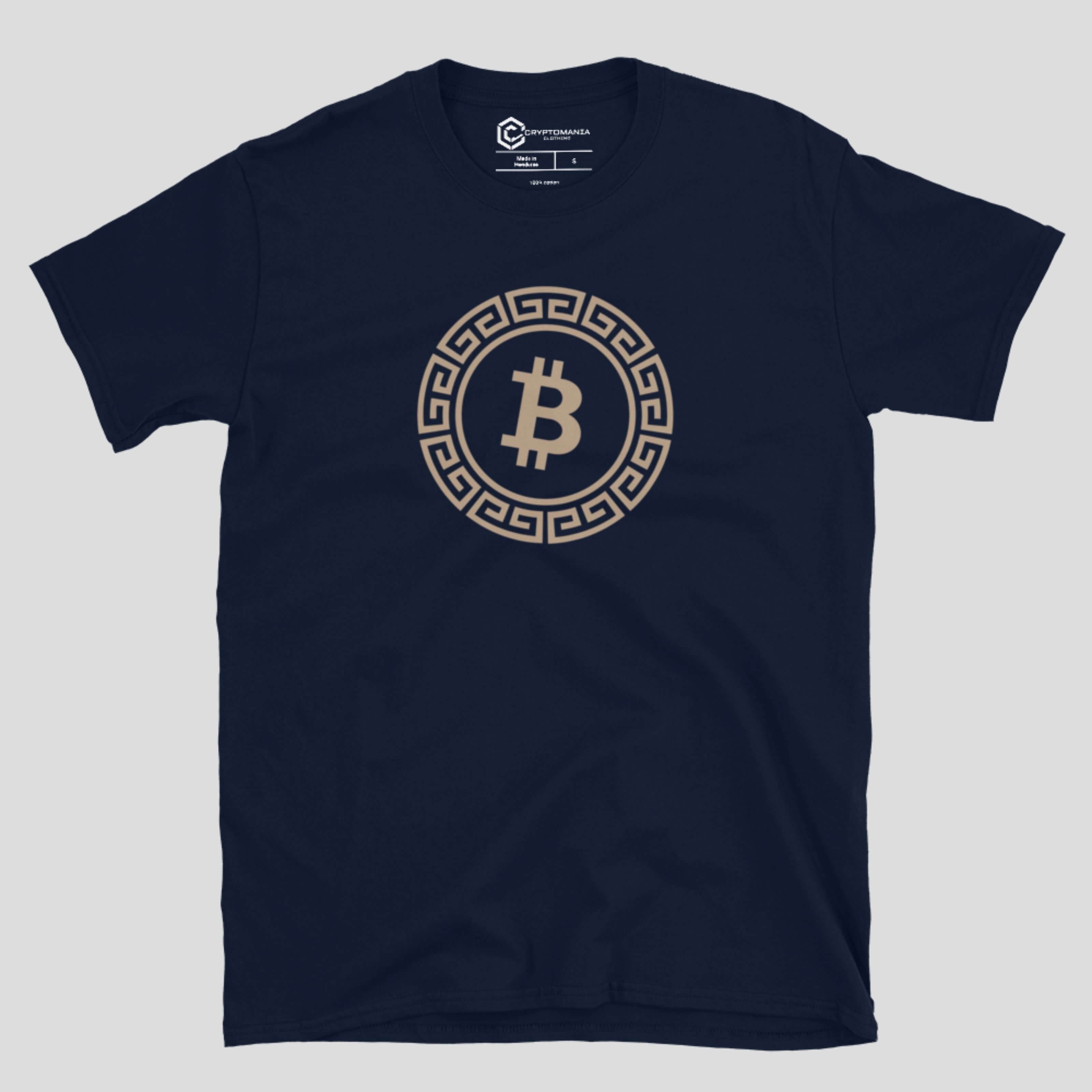 Navy bitcoin greek symbol t-shirt featuring minimalist BTC design