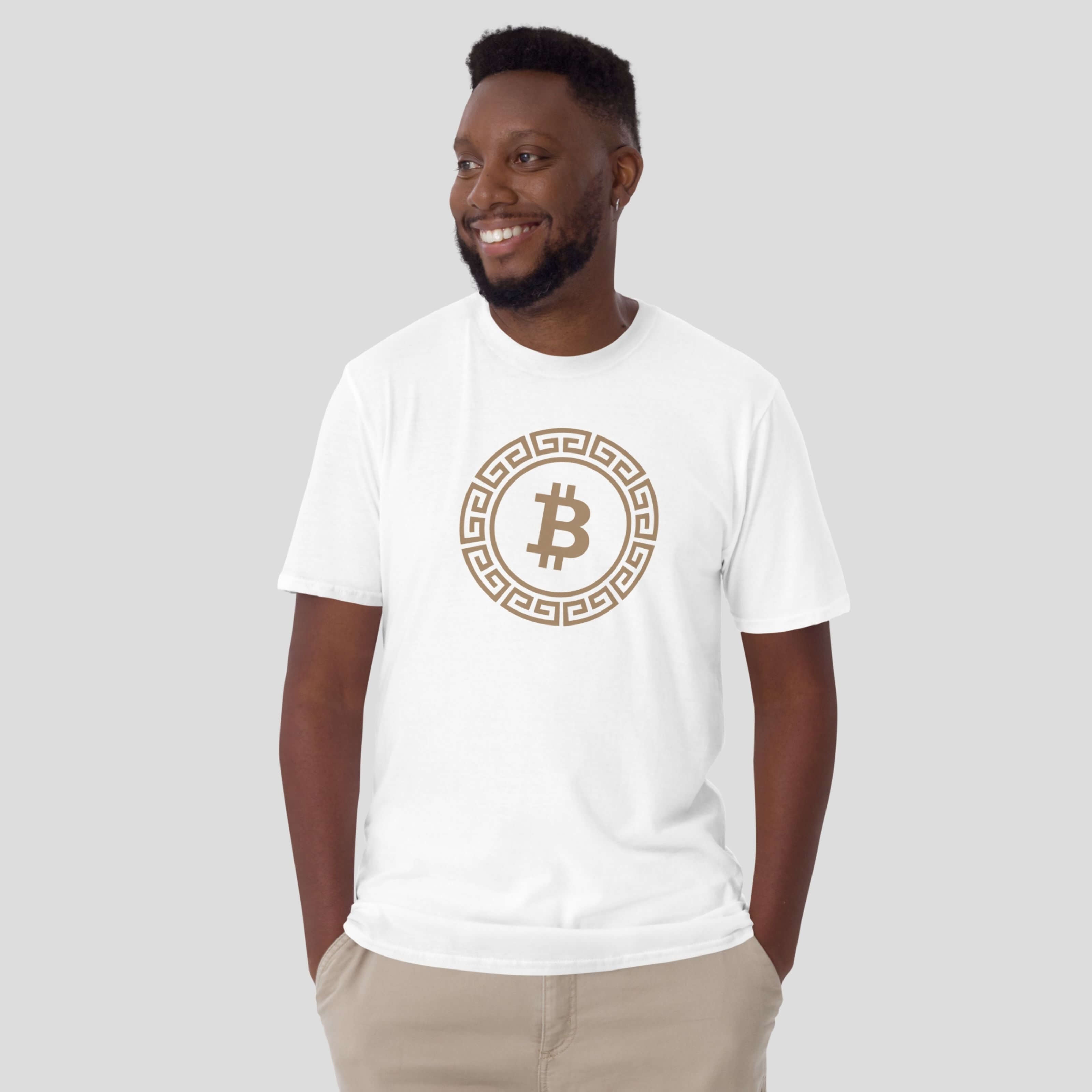 Model wearing white bitcoin greek symbol t-shirt