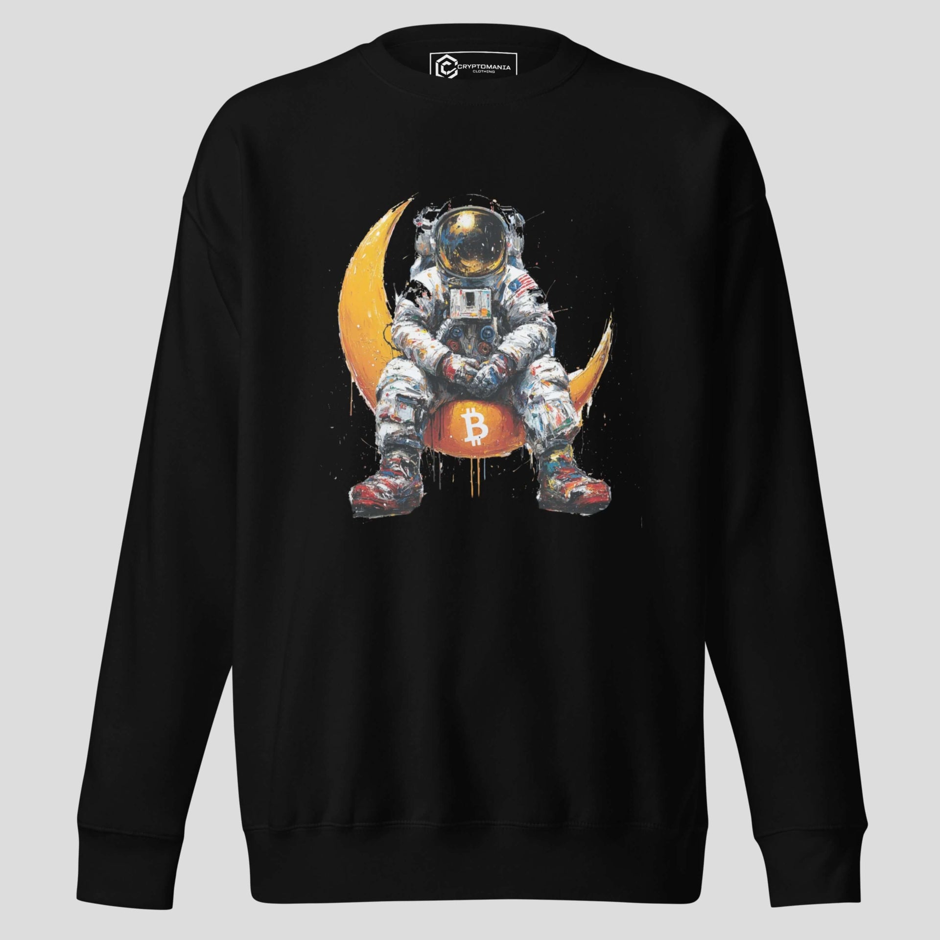 Black bitcoin astronaut sitting on moon crypto artwork sweatshirt
