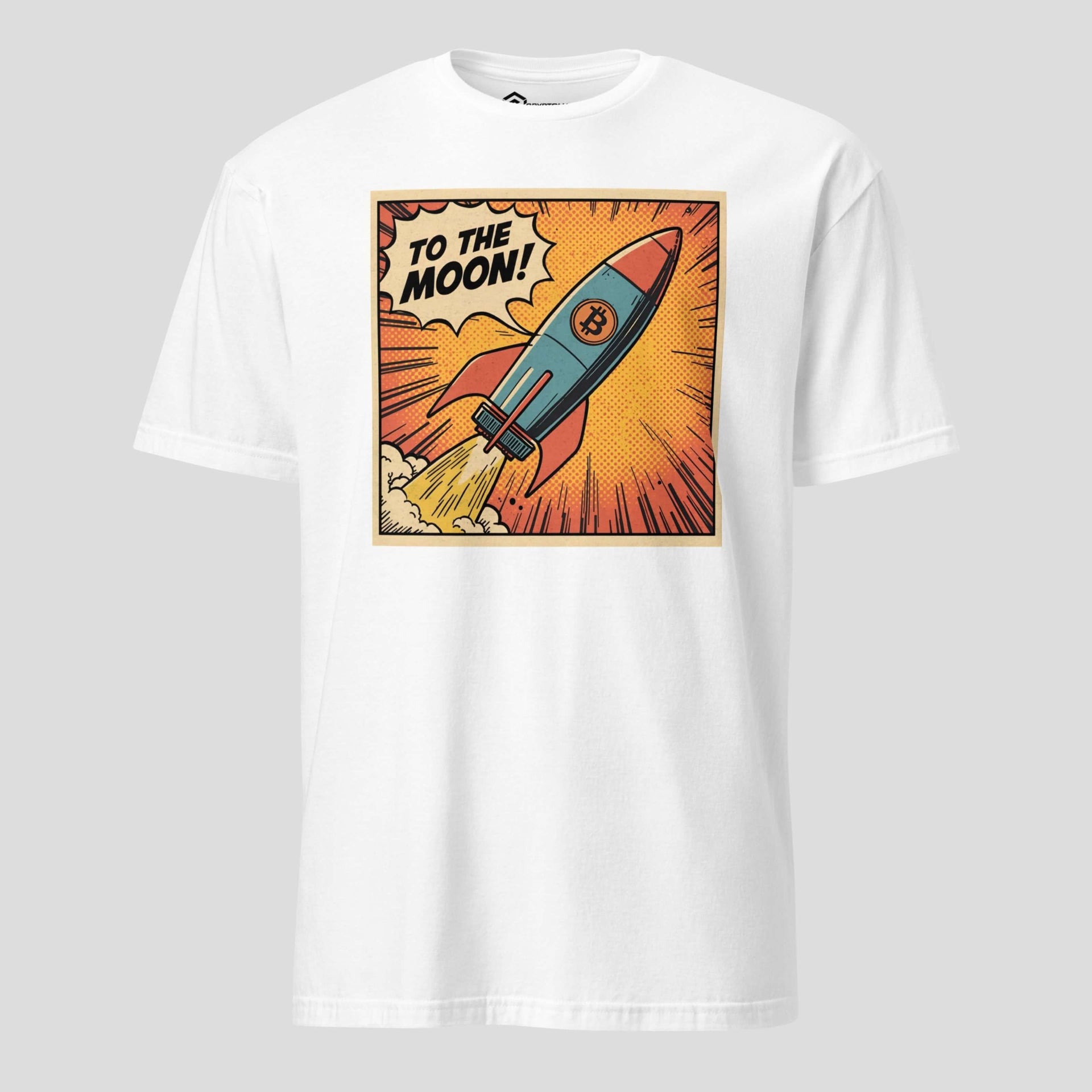 white bitcoin to the moon rocket t-shirt front view retro moonshot graphic