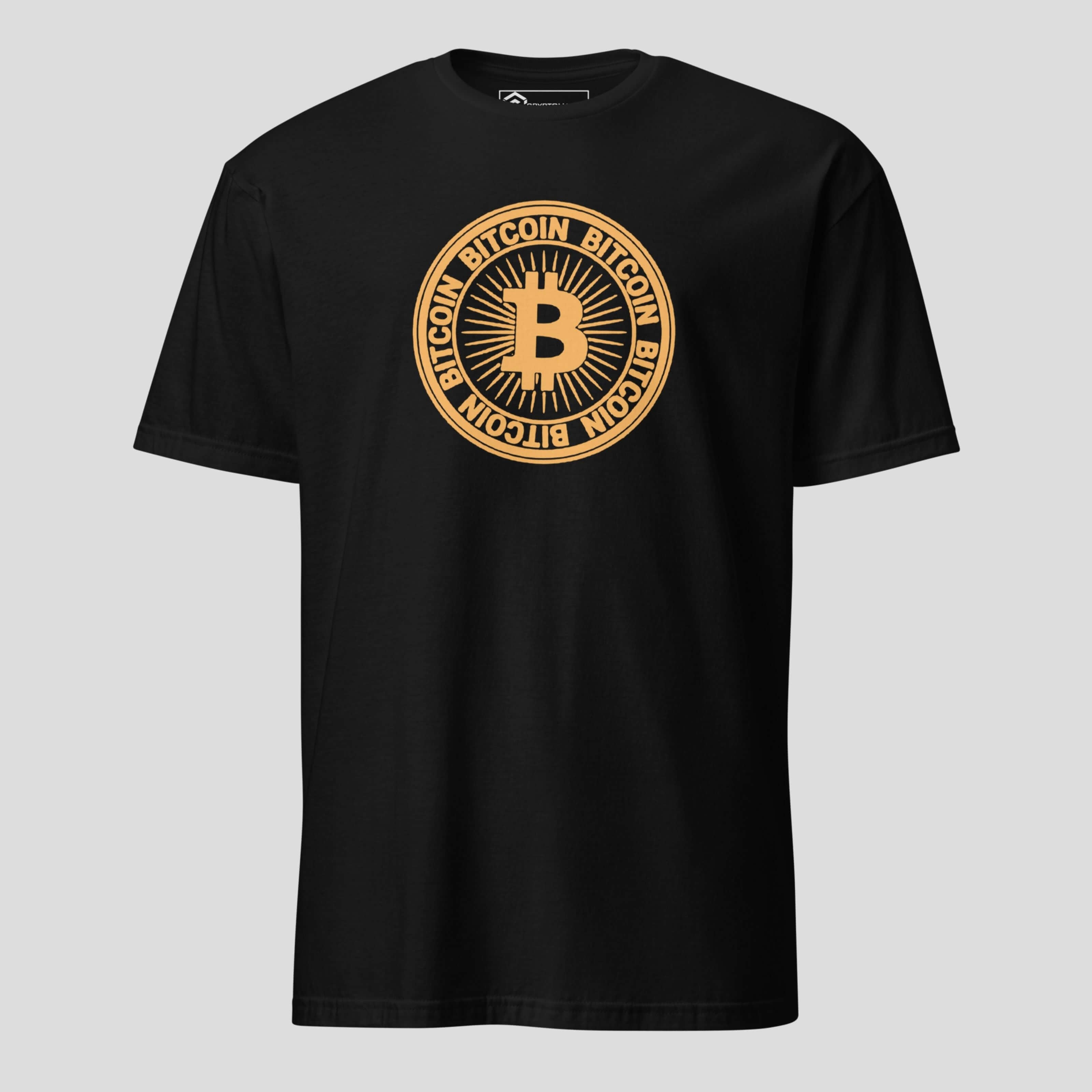 Black Bitcoin inspired t-shirt with circular BTC emblem and clean minimalist crypto streetwear design