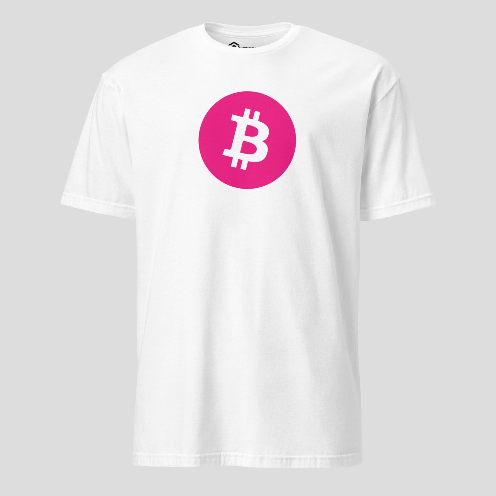 Pink bitcoin symbol t-shirt with minimalist crypto streetwear design