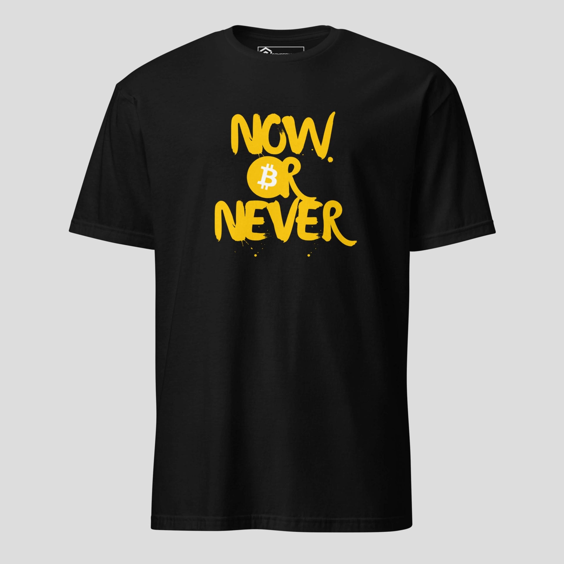 Black bitcoin t-shirt with “Now Bitcoin or Never” yellow crypto slogan