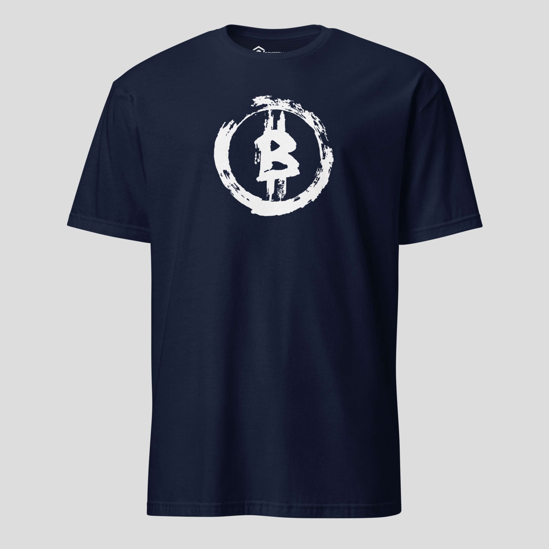 Navy bitcoin grunge circle emblem shirt for blockchain enthusiasts