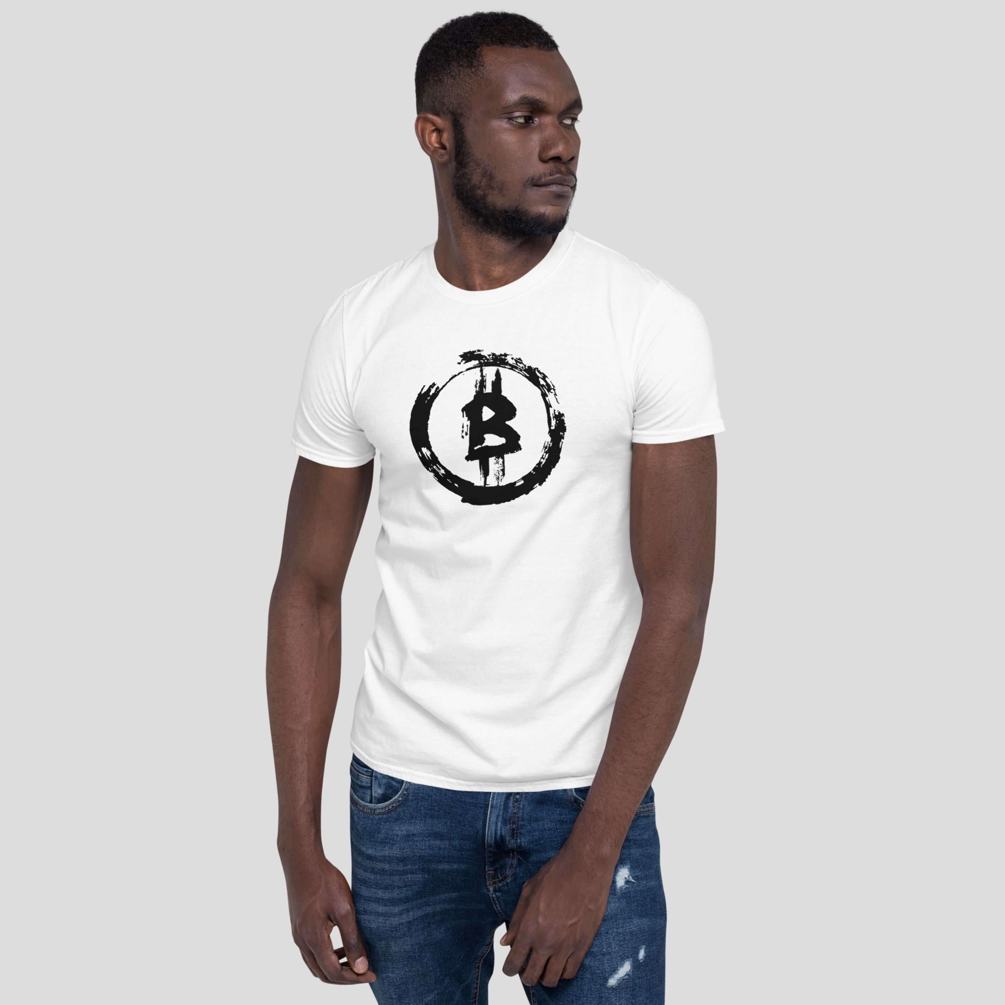 Male model on a minimal bitcoin symbol t-shirt grey crypto streetwear design