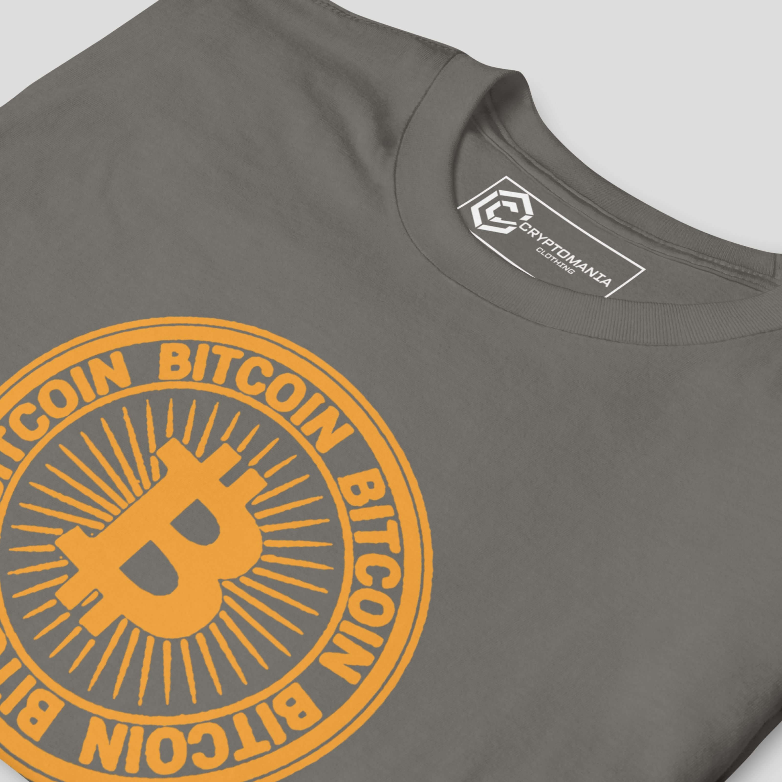 Detail view of premium neckline label on grey crypto inspired t-shirt