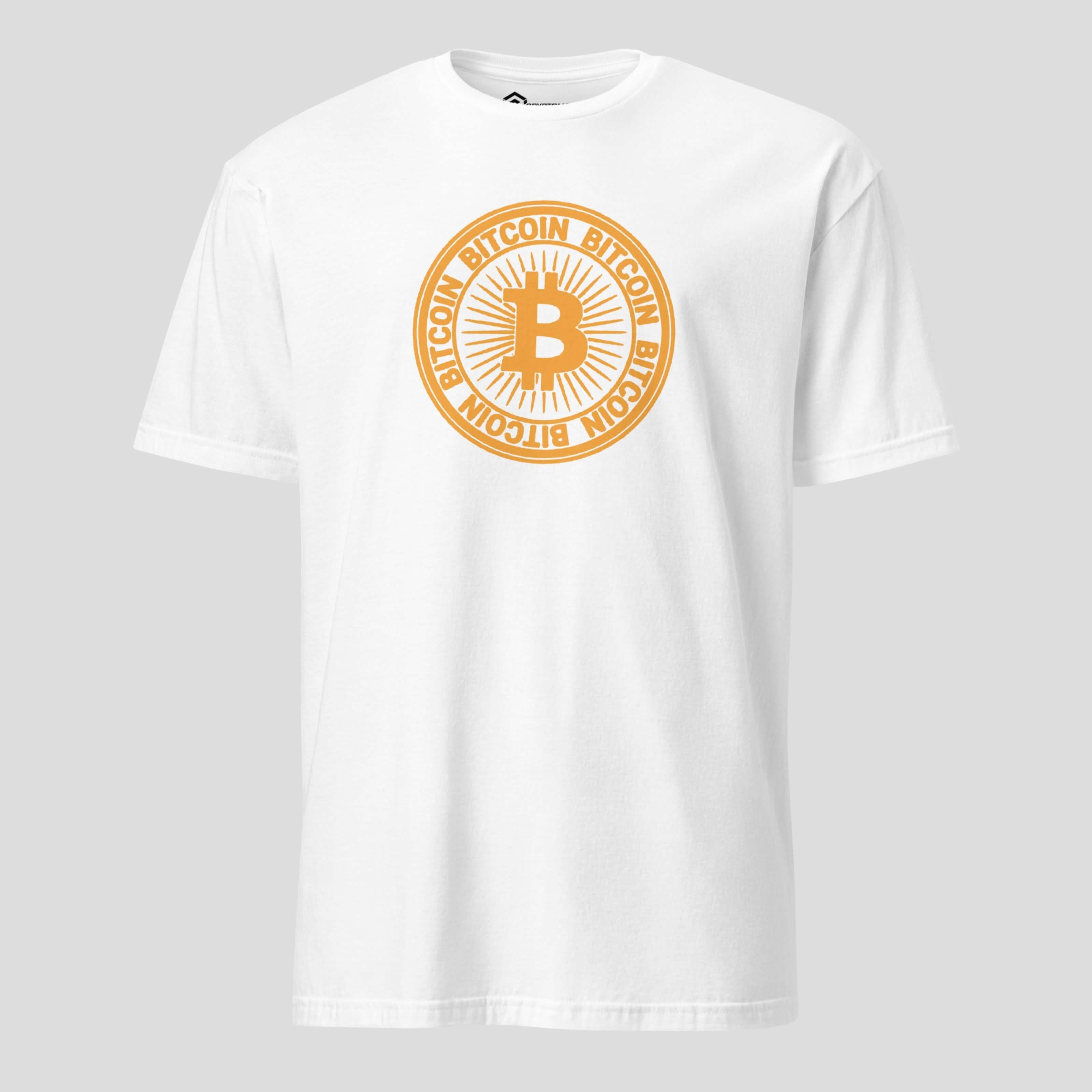 White Bitcoin inspired t-shirt with clean circular BTC emblem for minimalist crypto fashion