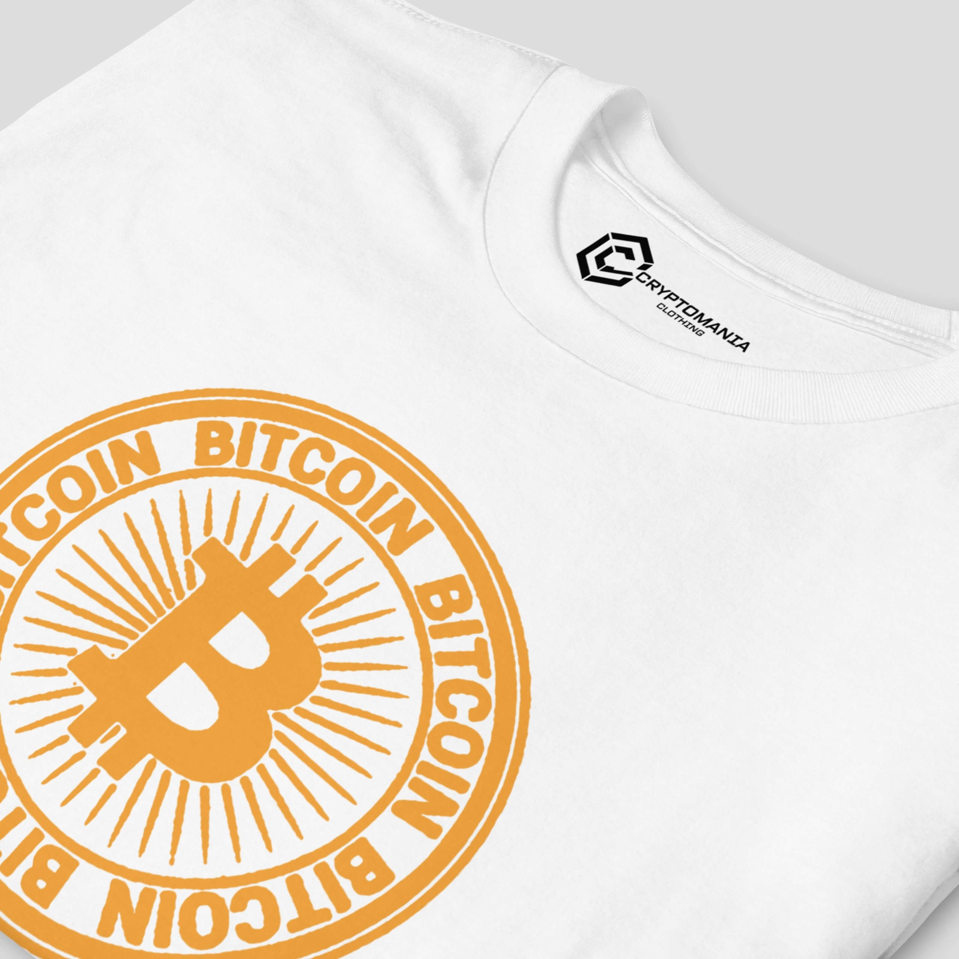 Close-up of circular Bitcoin inspired symbol print on white minimalist crypto t-shirt