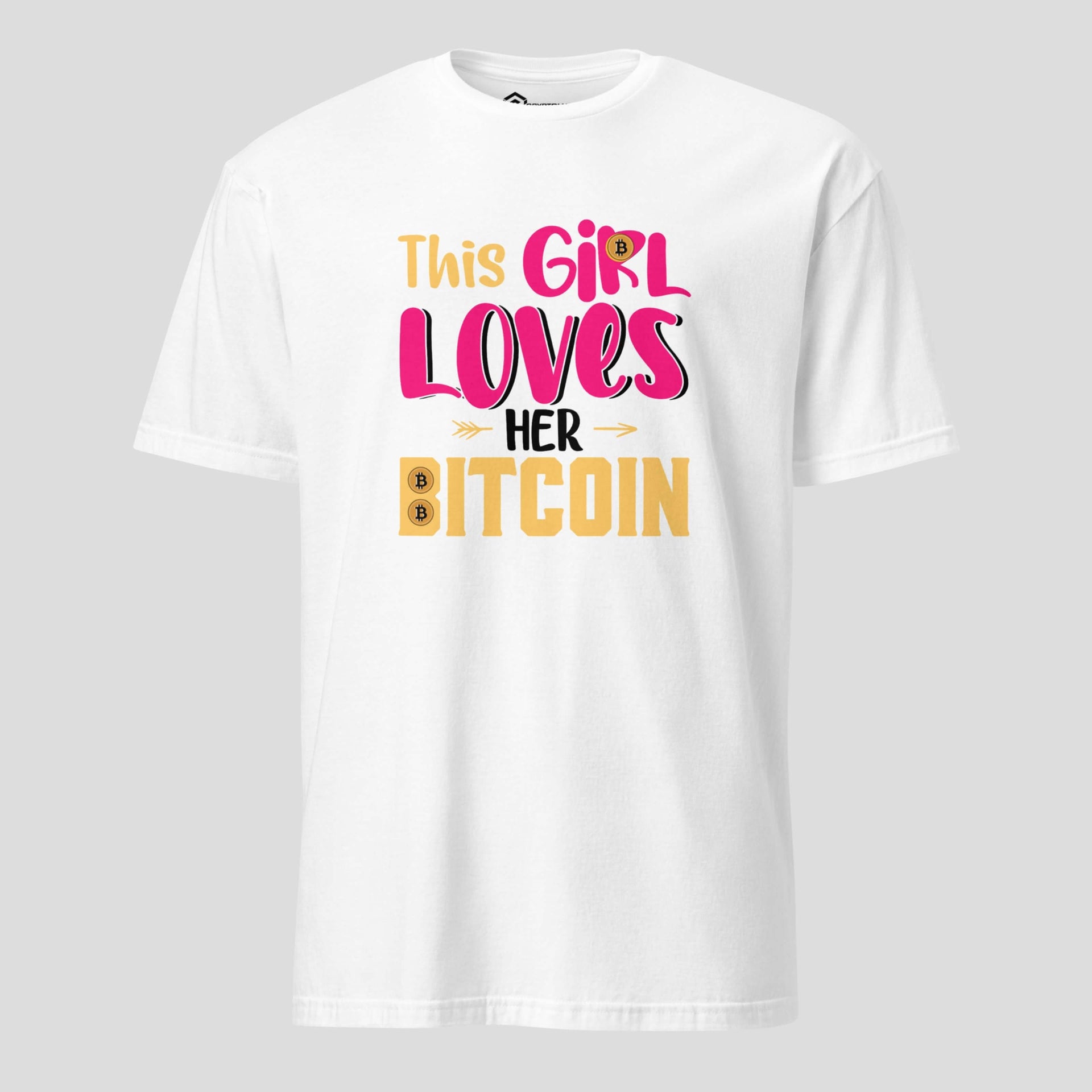 White bitcoin inspired t-shirt with playful crypto slogan for women