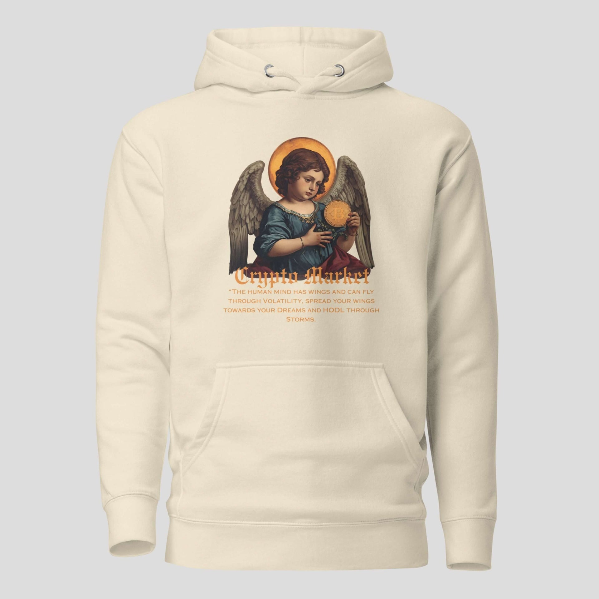 Vintage angel holding Bitcoin coin art printed on beige crypto hoodie