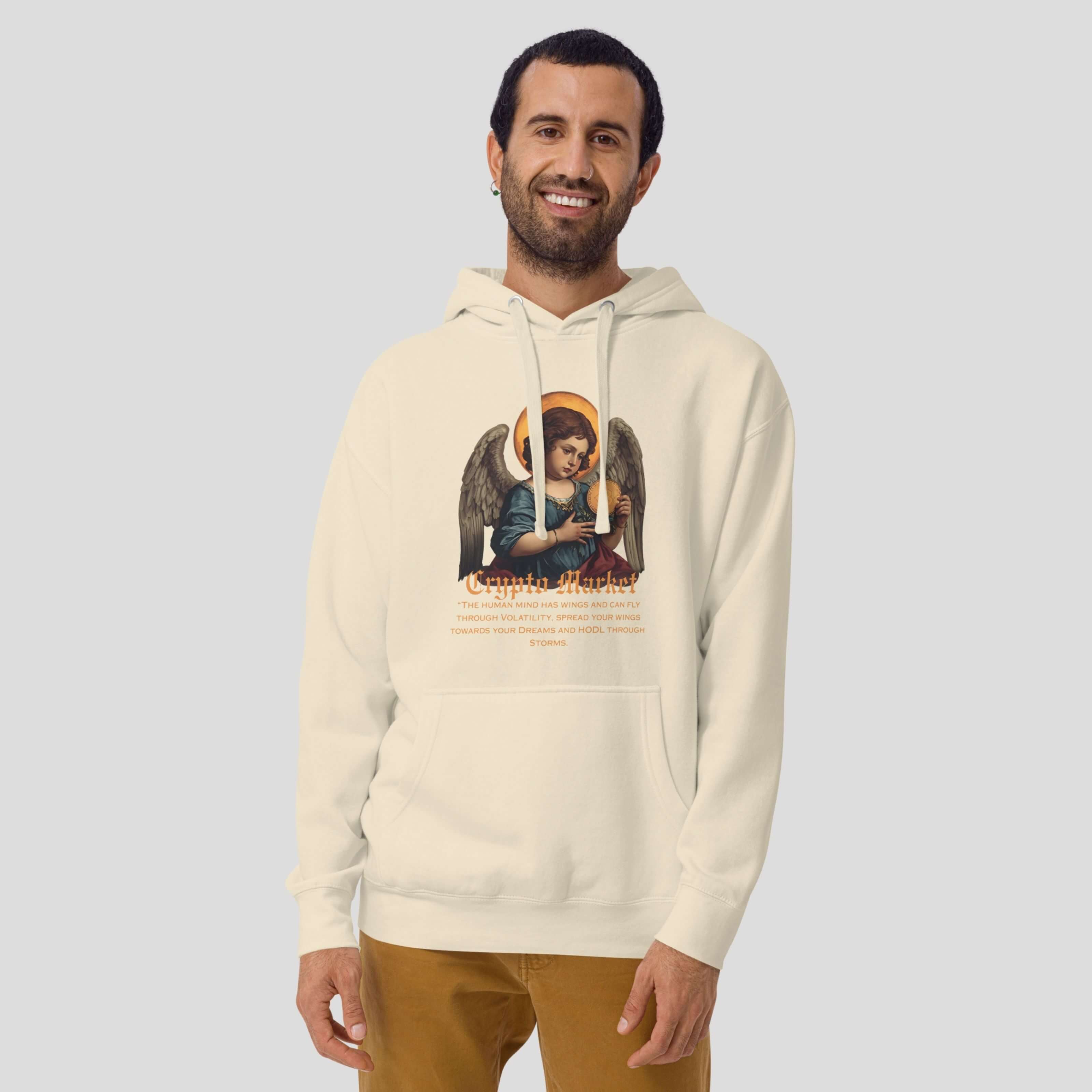 Man wearing vintage angel Bitcoin art crypto streetwear hoodie